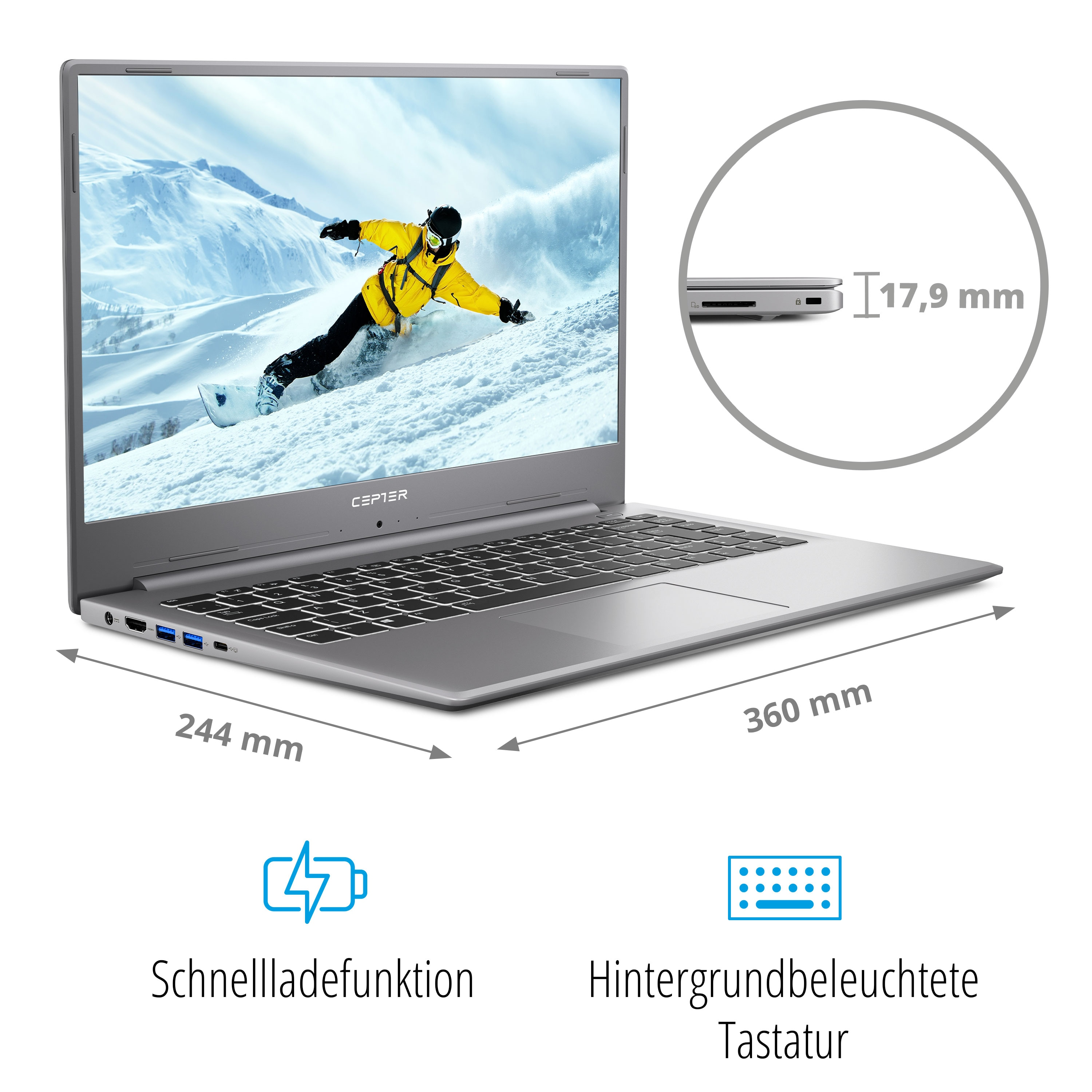 Ein silberner Laptop mit einem Bildschirm, der einen schneebedeckten Berg zeigt. Er hat Maße und Symbole darunter.