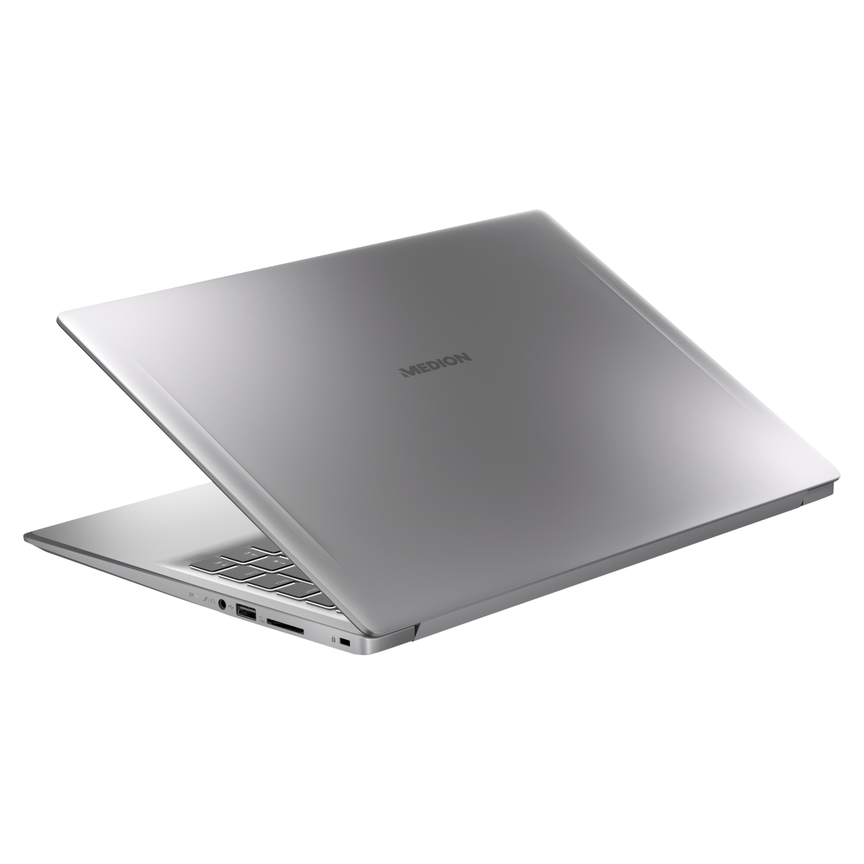 Ein silberner Laptop, Rückansicht, geöffnet mit hochgeklapptem Bildschirm, das Medion-Logo ist sichtbar.