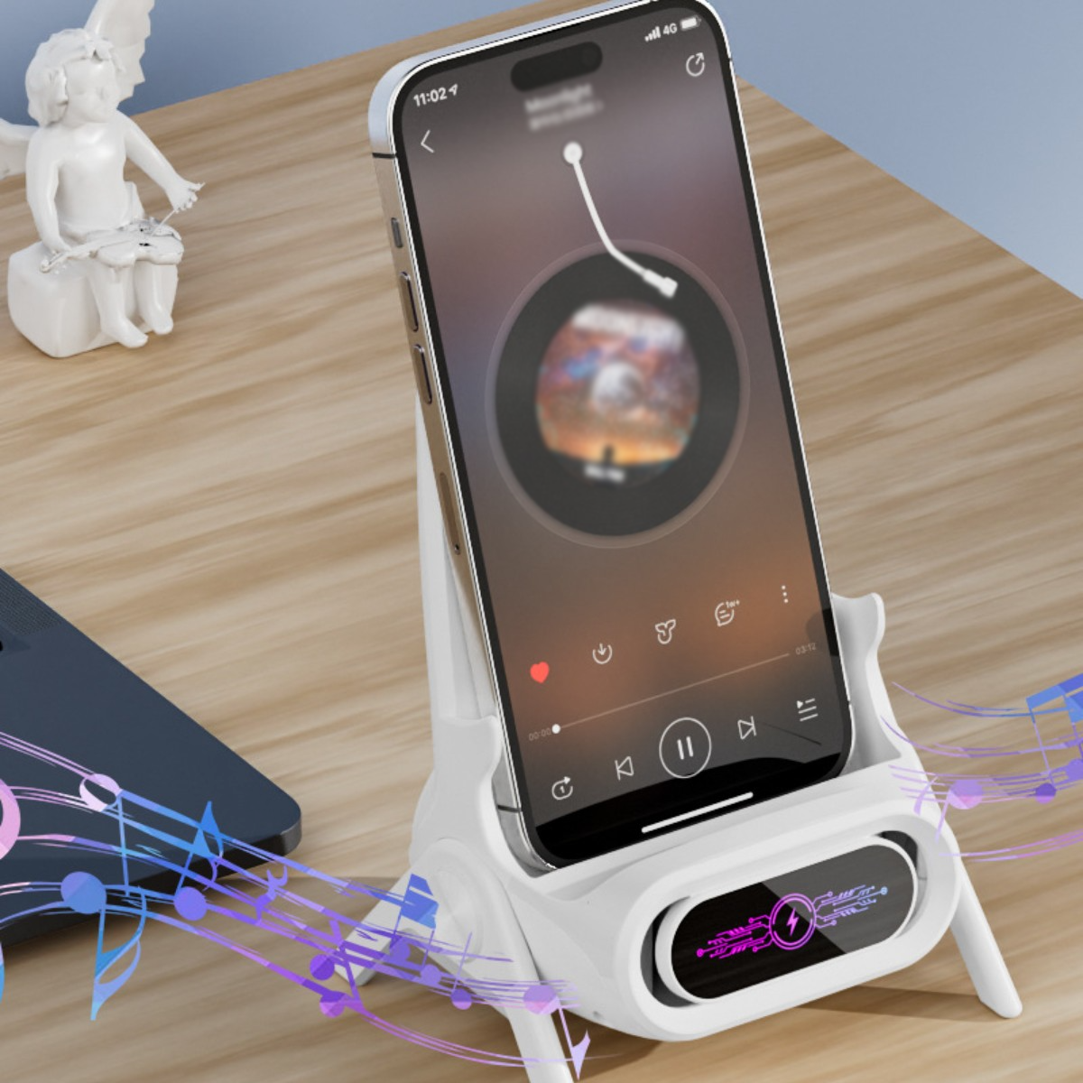 Ein weißer Telefonständer, der ein Telefon hält, das Musik abspielt, mit Noten drumherum.