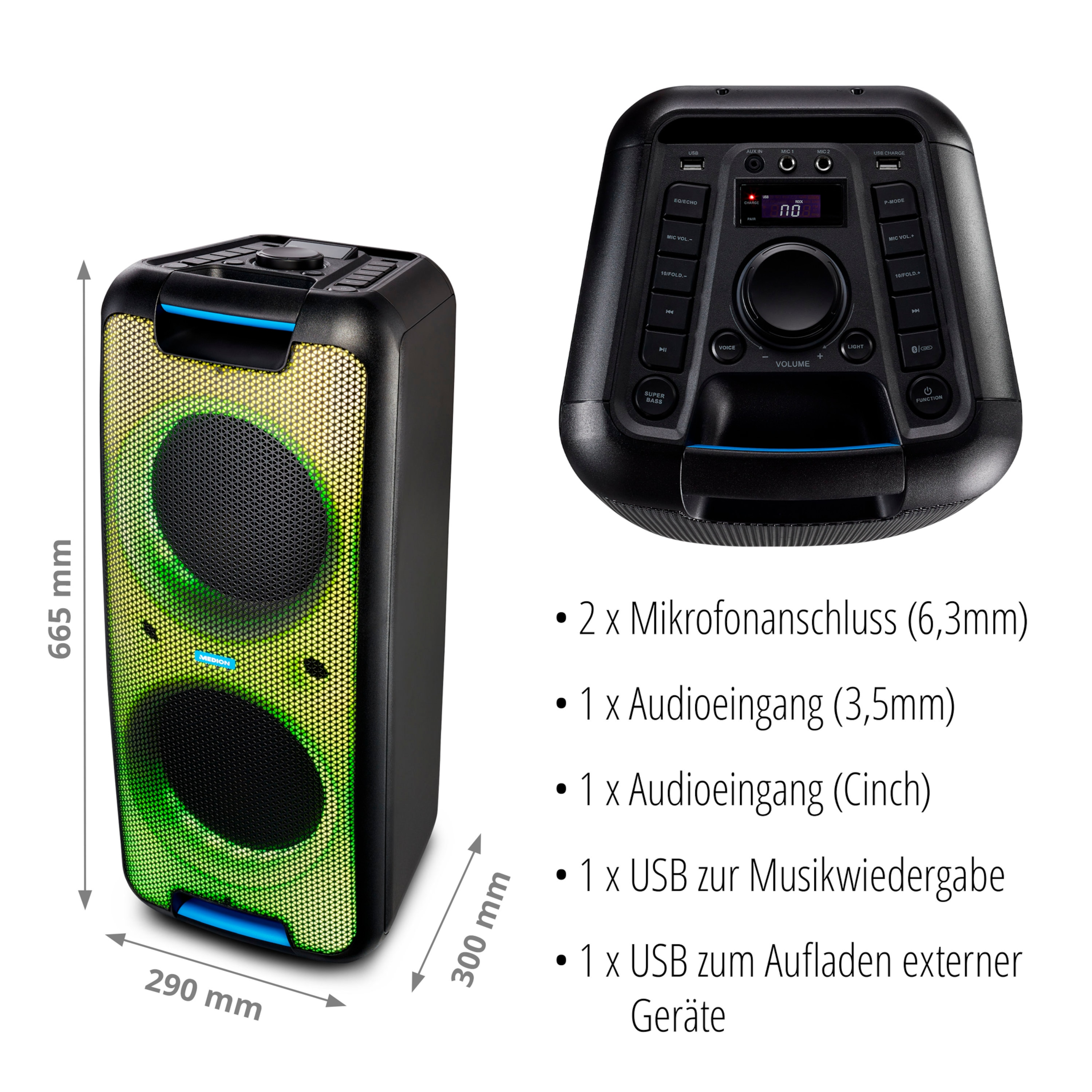 True Bluetooth®, x RMS LIFE® Partylautsprecher, Stereo Lichteffekte, MEDION 45 W Funktion, verschiedene Wireless 2 P61080, schwarz