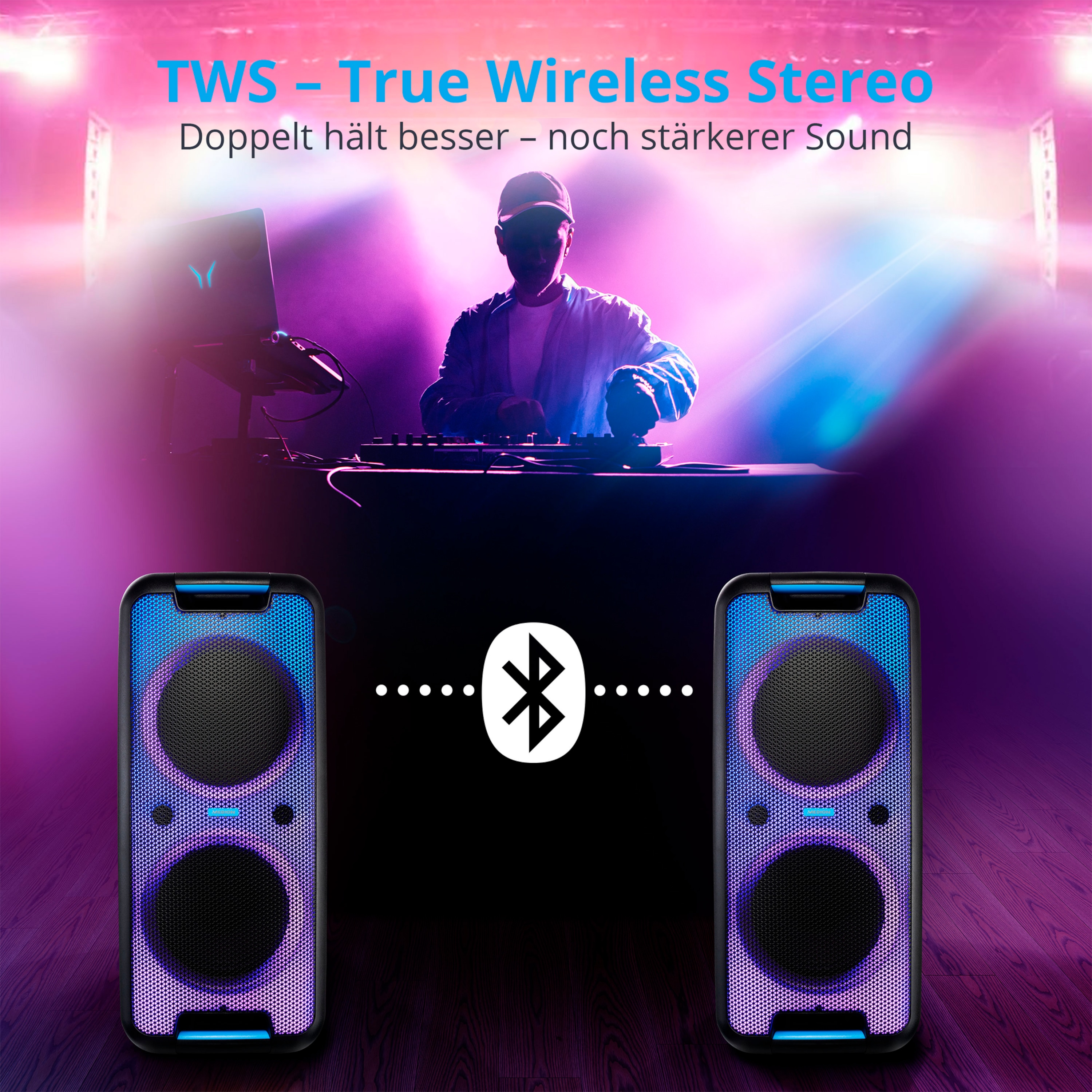 MEDION LIFE® P61080, Bluetooth®, 45 Partylautsprecher, True verschiedene 2 schwarz Wireless x W Funktion, Lichteffekte, Stereo RMS