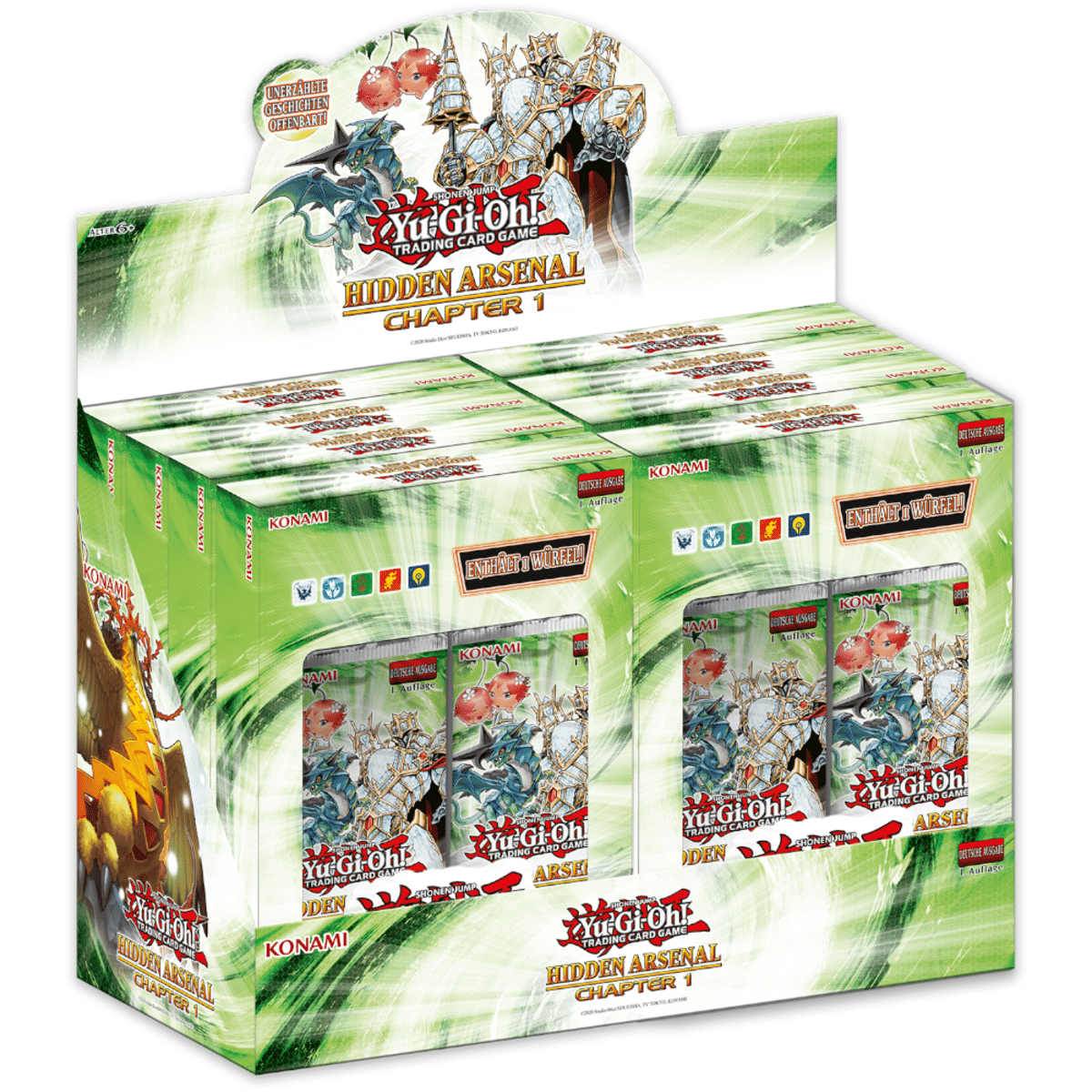 Eine Schachtel Yu-Gi-Oh!-Karten mit sichtbaren Päckchen. Die Box ist grün und weiß.