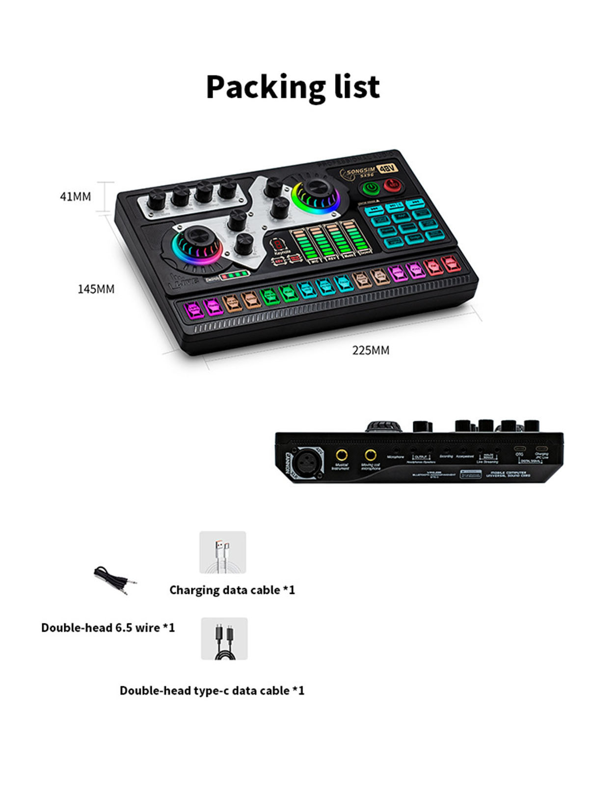 Schwarzes Audiomischpult mit Beschriftungen und Packliste. Enthält Lade- und Datenkabel. Draufsicht.