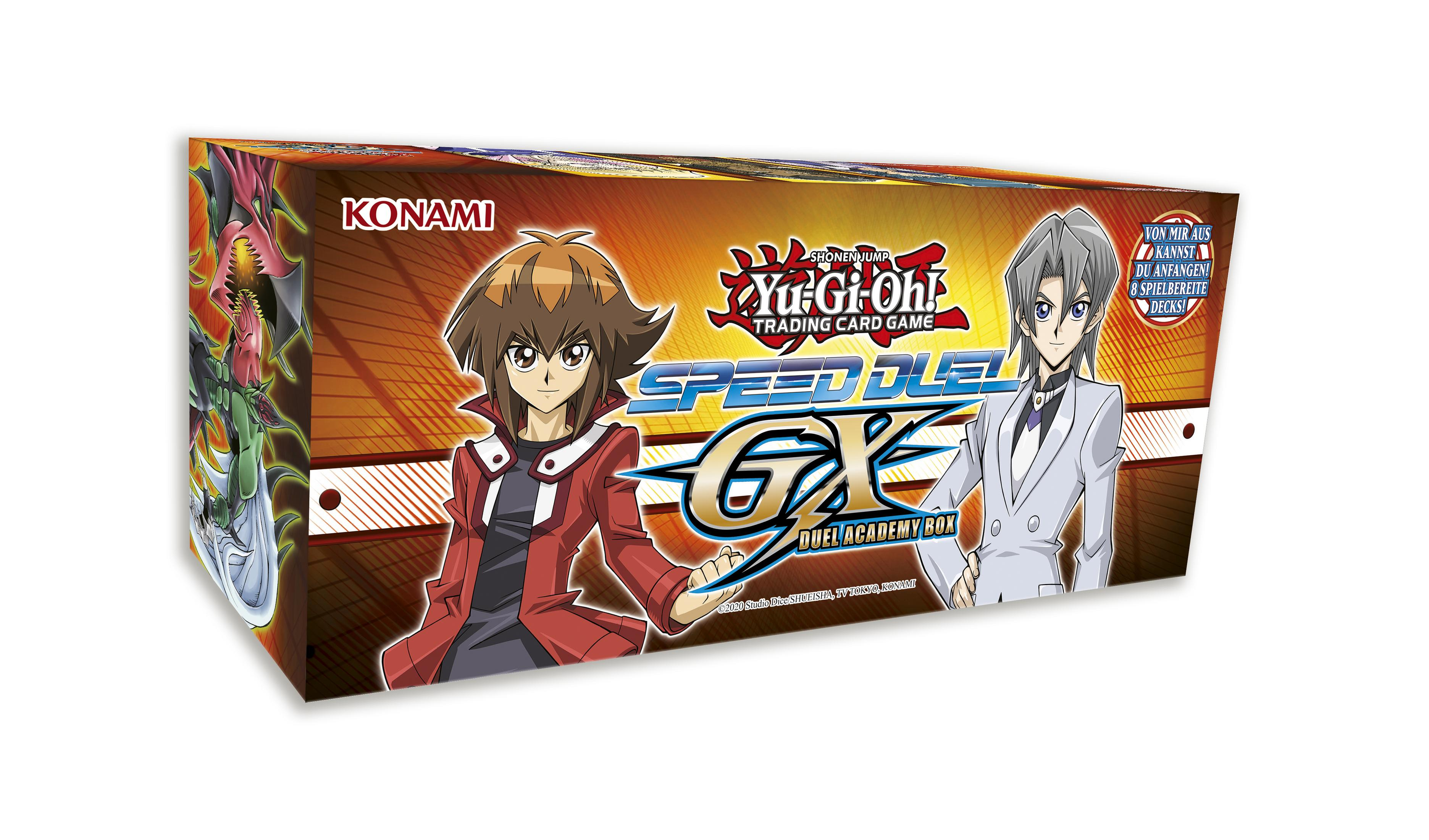 Schachtel mit Yu-Gi-Oh!-Karten und zwei Charakteren. Die Schachtel ist orange und braun. Charaktere sind vorne.