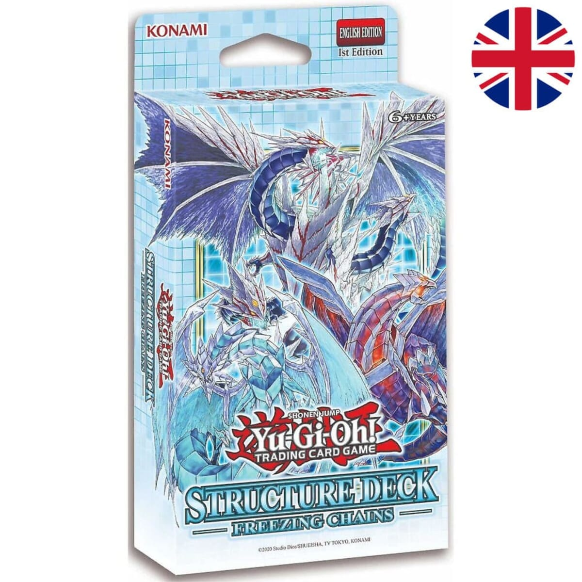 Yu-Gi-Oh!-Kartenspielbox mit blau-weißer Drachengrafik.