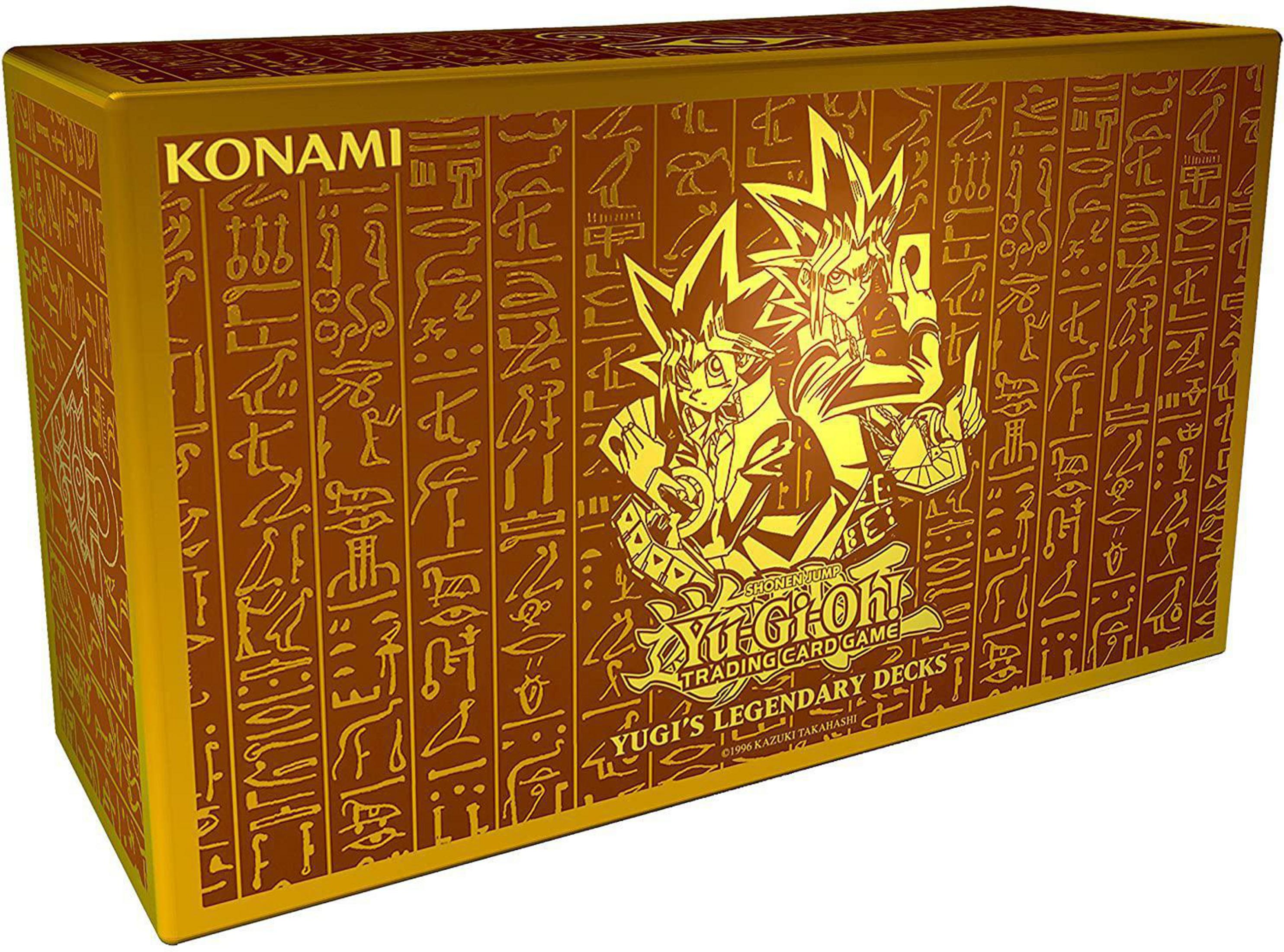 Eine goldene Yu-Gi-Oh!-Sammelkartenspielbox mit Illustrationen, darunter Yugi und Kaiba.