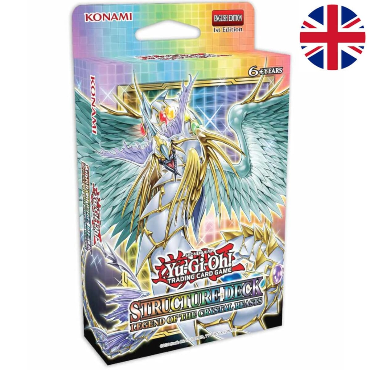 Yu-Gi-Oh! Structure Deck-Box. Weißer Drache mit goldenen Akzenten und blauen Flügeln. Englische Ausgabe. UK-Flagge in der Ecke.