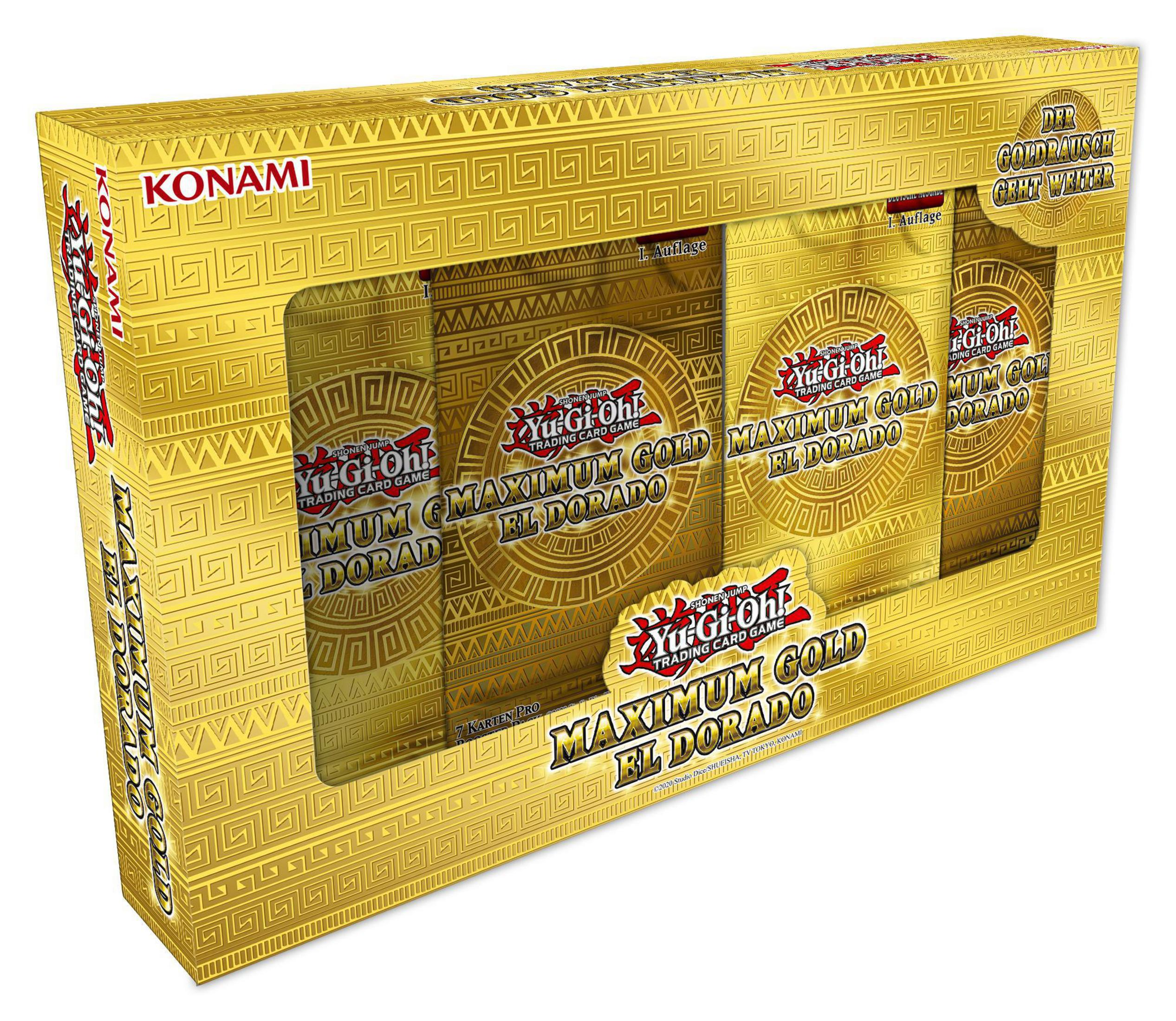 Yu-Gi-Oh! Maximum Gold El Dorado Sammelkarten-Spielbox-Set, mit goldfarbener Verpackung.