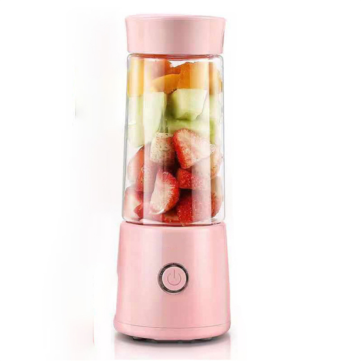 Rosa Mixer mit Früchten. Die Früchte umfassen Erdbeeren, Melone und Orangenscheiben.
