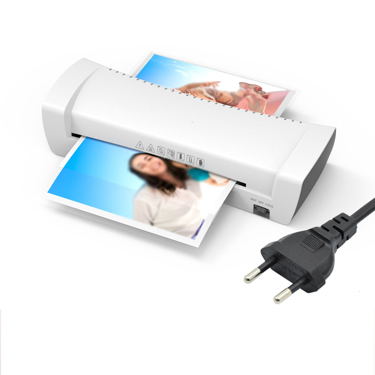 Ein weißer Laminator mit zwei Fotos und einem schwarzen Netzkabel.