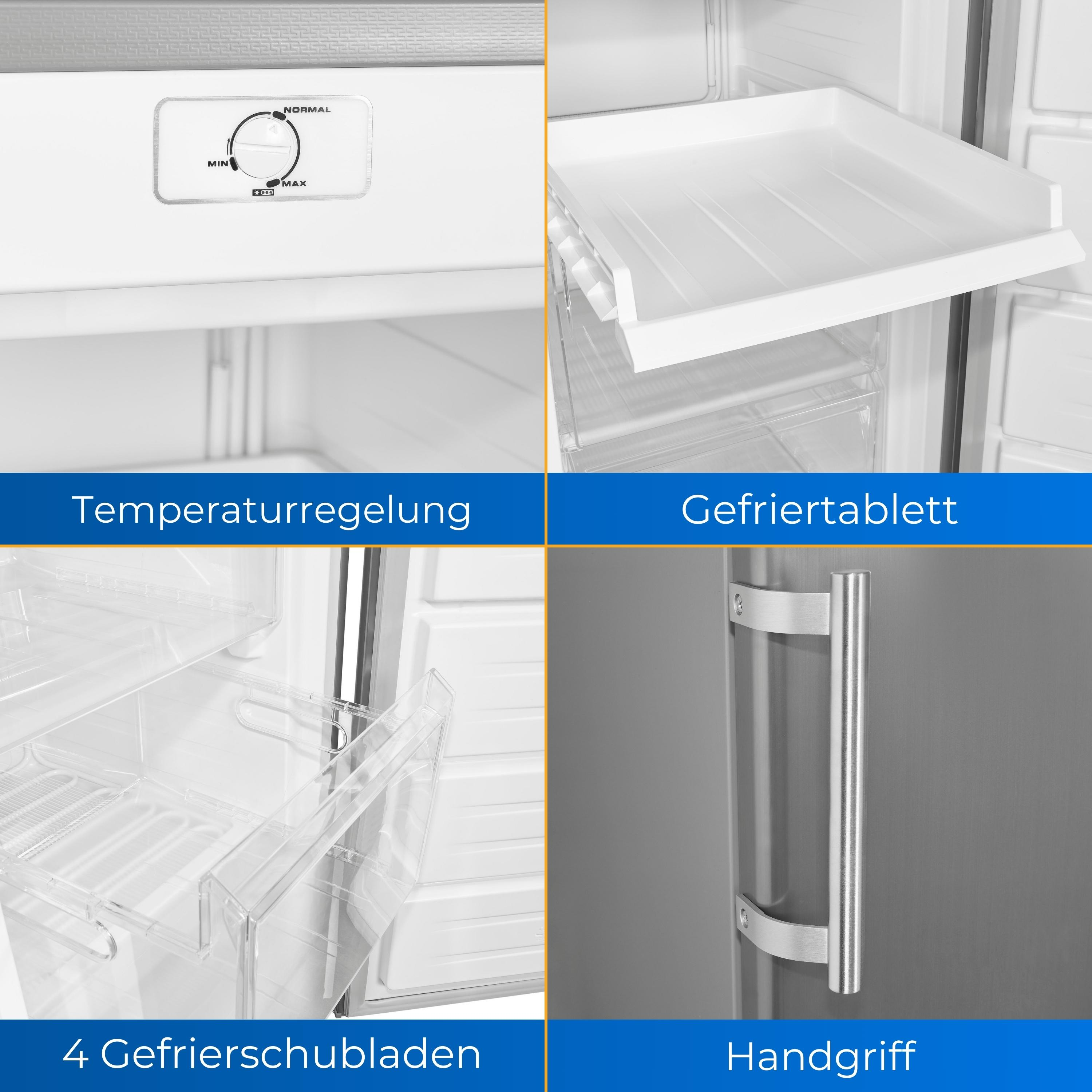 Vier Bilder eines Kühlschranks. Temperaturregelung, Gefrierschrankablage, Schubladen und Türgriff werden gezeigt.