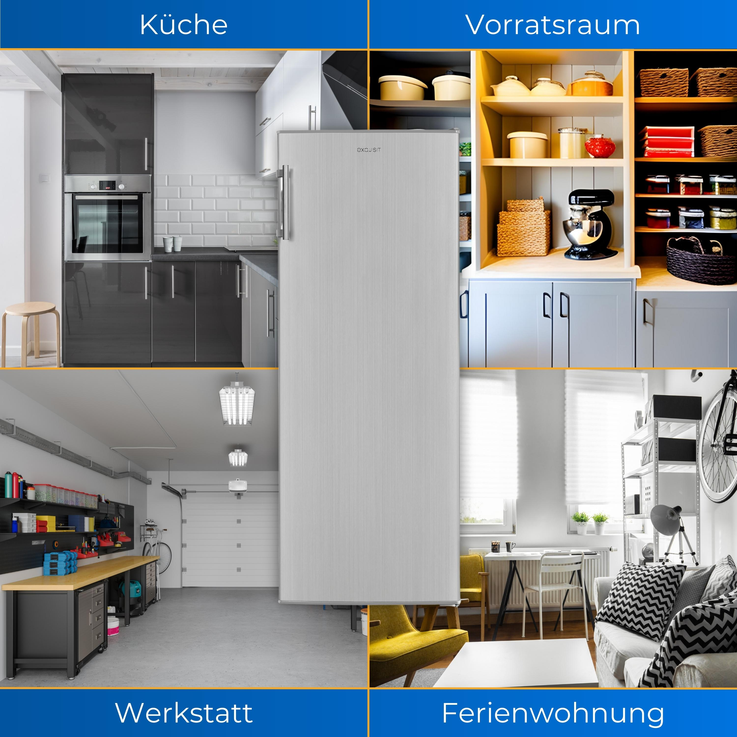 Collage: Küche, Speisekammer, Werkstatt und Ferienhaus. Kühlschrank ist das zentrale Bild.