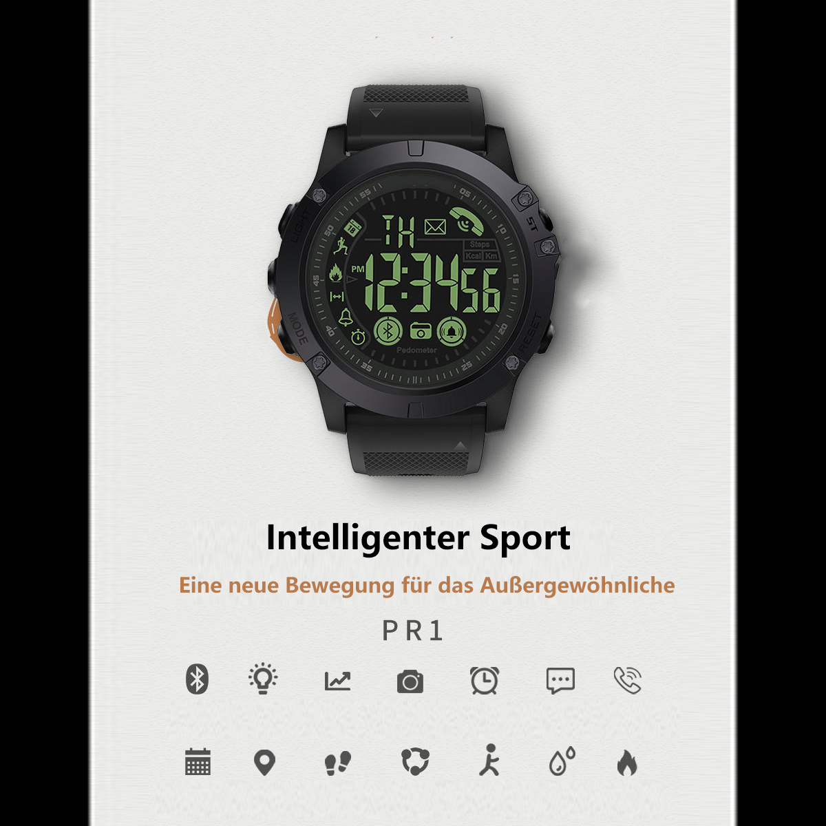 Eine schwarze Smartwatch mit digitaler Anzeige. Sie zeigt Zeit und Fitnessdaten an.