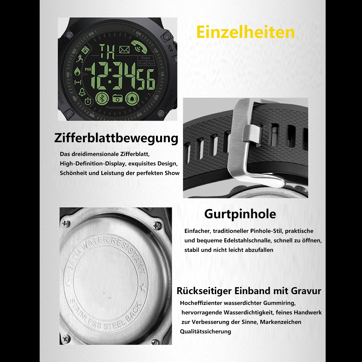 Nahaufnahme einer Smartwatch mit Details auf Bildschirm, Schnalle und Rückseite.
