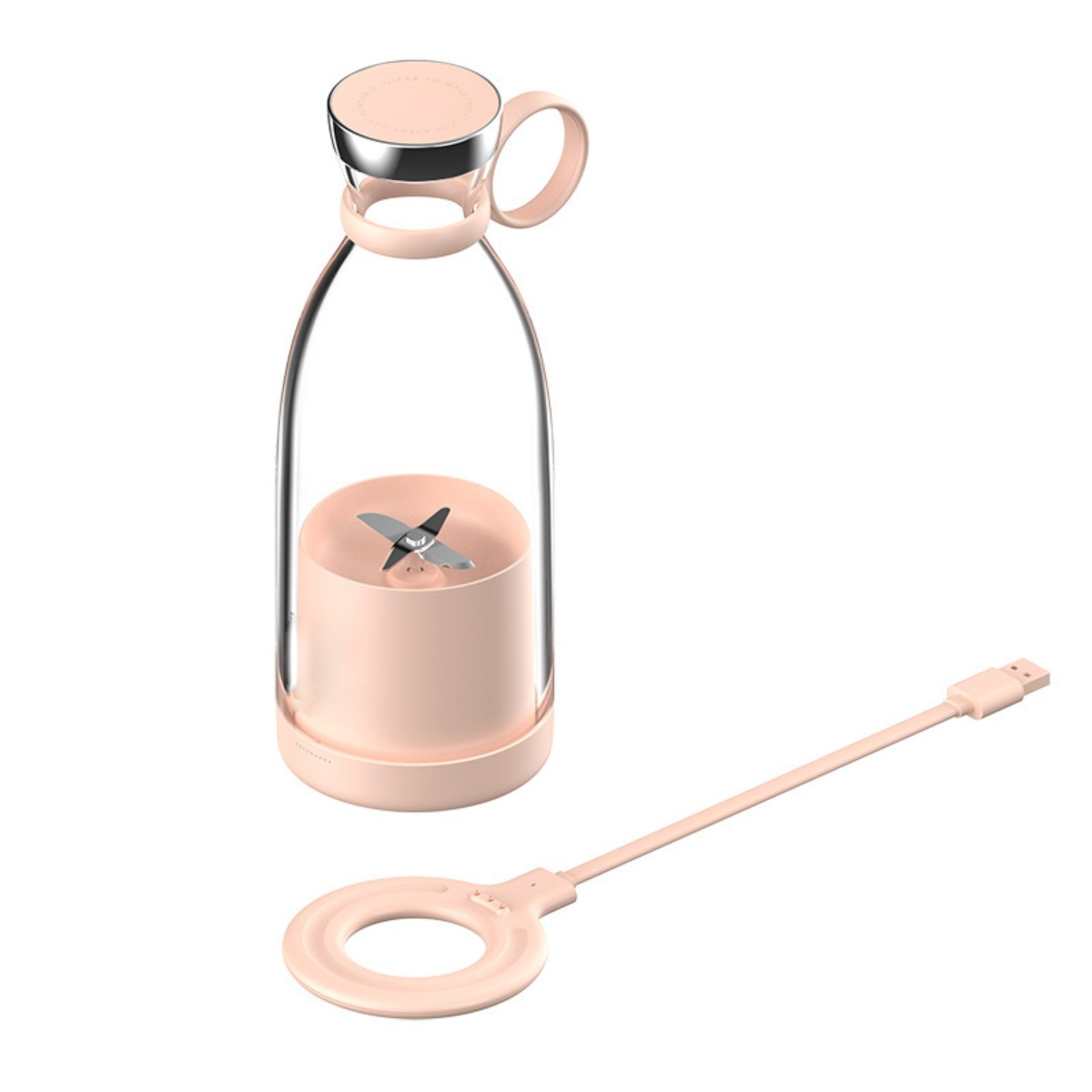 Ein pinkfarbener tragbarer Mixer und ein USB-Ladekabel, auf weißem Hintergrund. Der Mixer hat einen Griff.