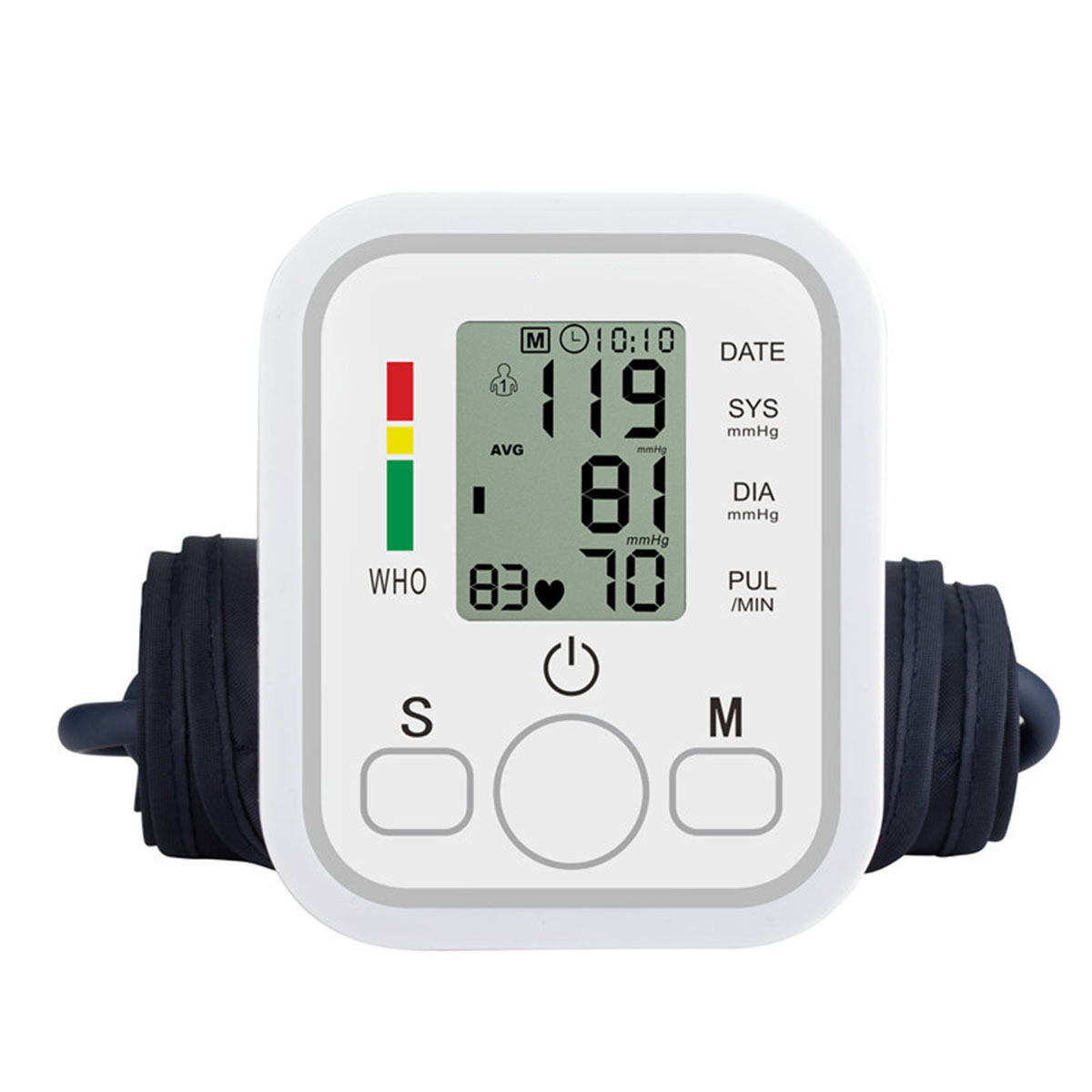 Ein Blutdruckmessgerät zeigt Messwerte: 119/81 mmHg, mit einer Herzfrequenz von 70 bpm.