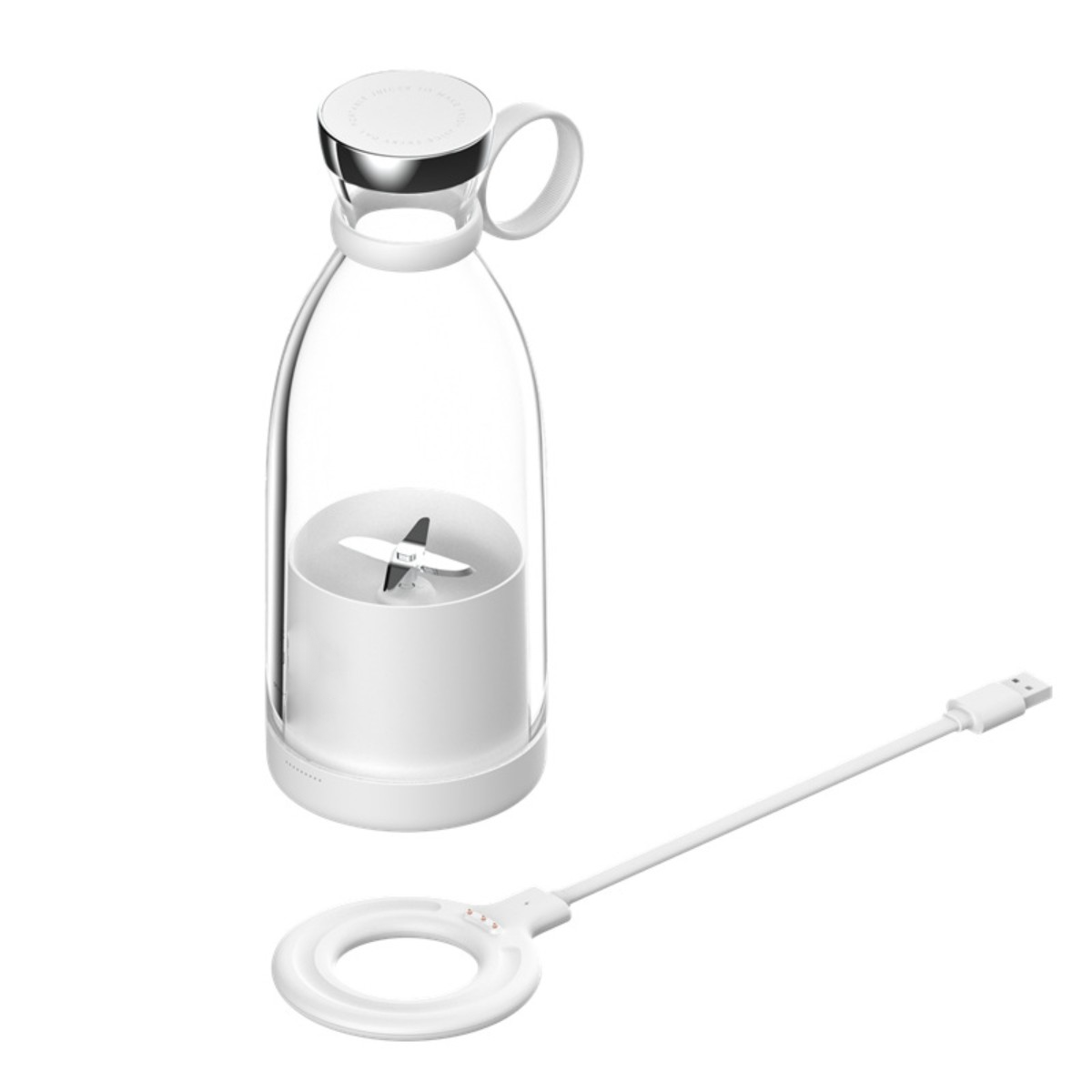 Eine weiße Blenderflasche mit Griff und Ladestation. Ein USB-Kabel befindet sich an der Seite.