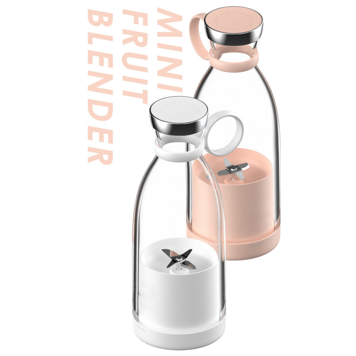 Zwei Mini-Fruchtmixer, einer mit Flüssigkeit. Klares Glas und weißer Hintergrund.