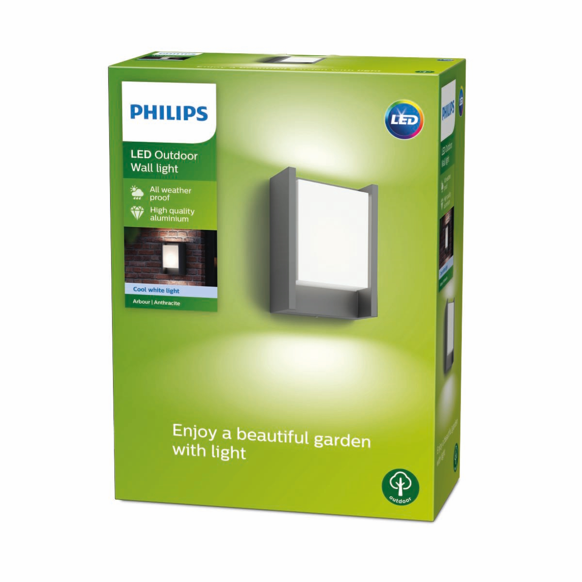 Una luz de pared exterior LED Philips en una caja verde. Muestra una luz en una pared de ladrillo.