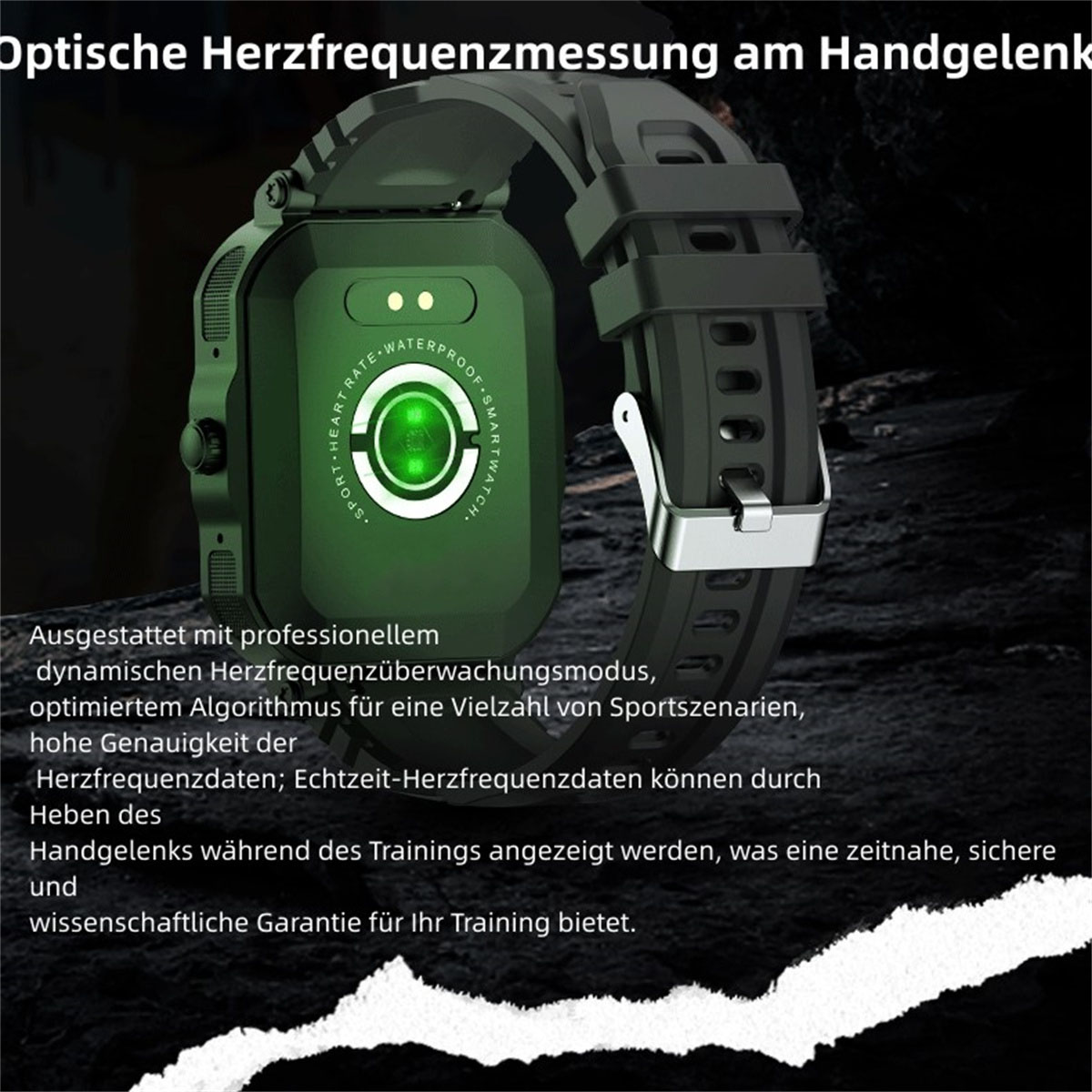 Grüne Smartwatch mit schwarzem Armband. Der Bildschirm zeigt Herzfrequenzdaten. Text: Sport, Wasserdicht, Smartwatch.
