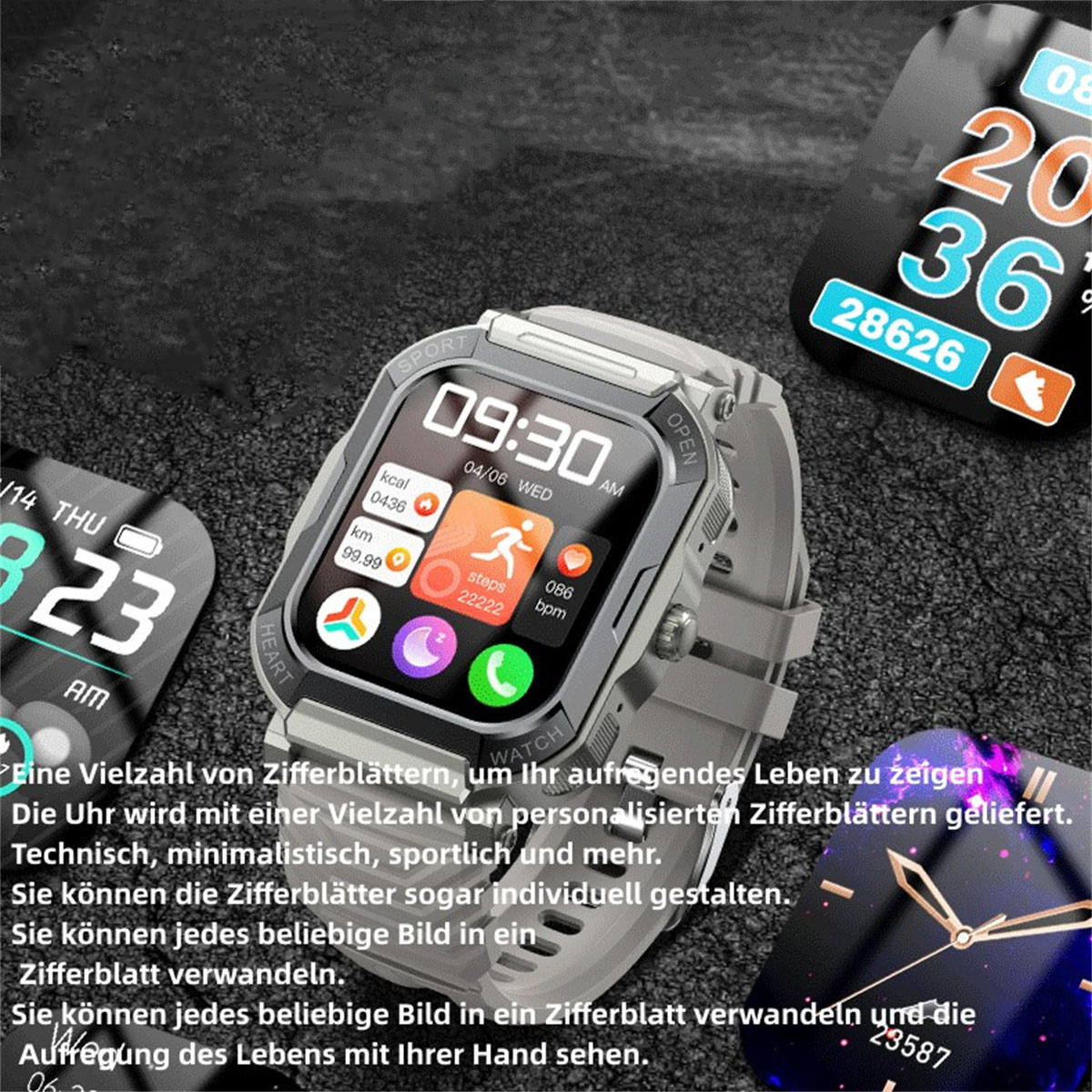 Smartwatch zeigt Zeit, Schritte und Herzfrequenz. Andere Zifferblätter sichtbar.