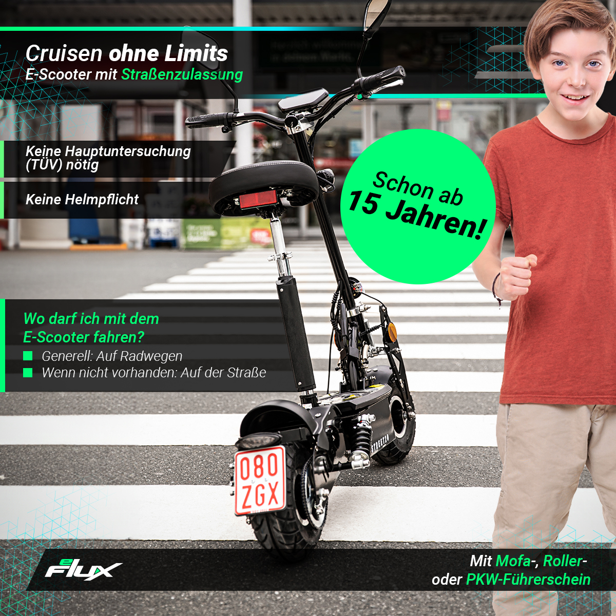Ein Junge mit einem E-Scooter, Text weist auf das Alter hin.