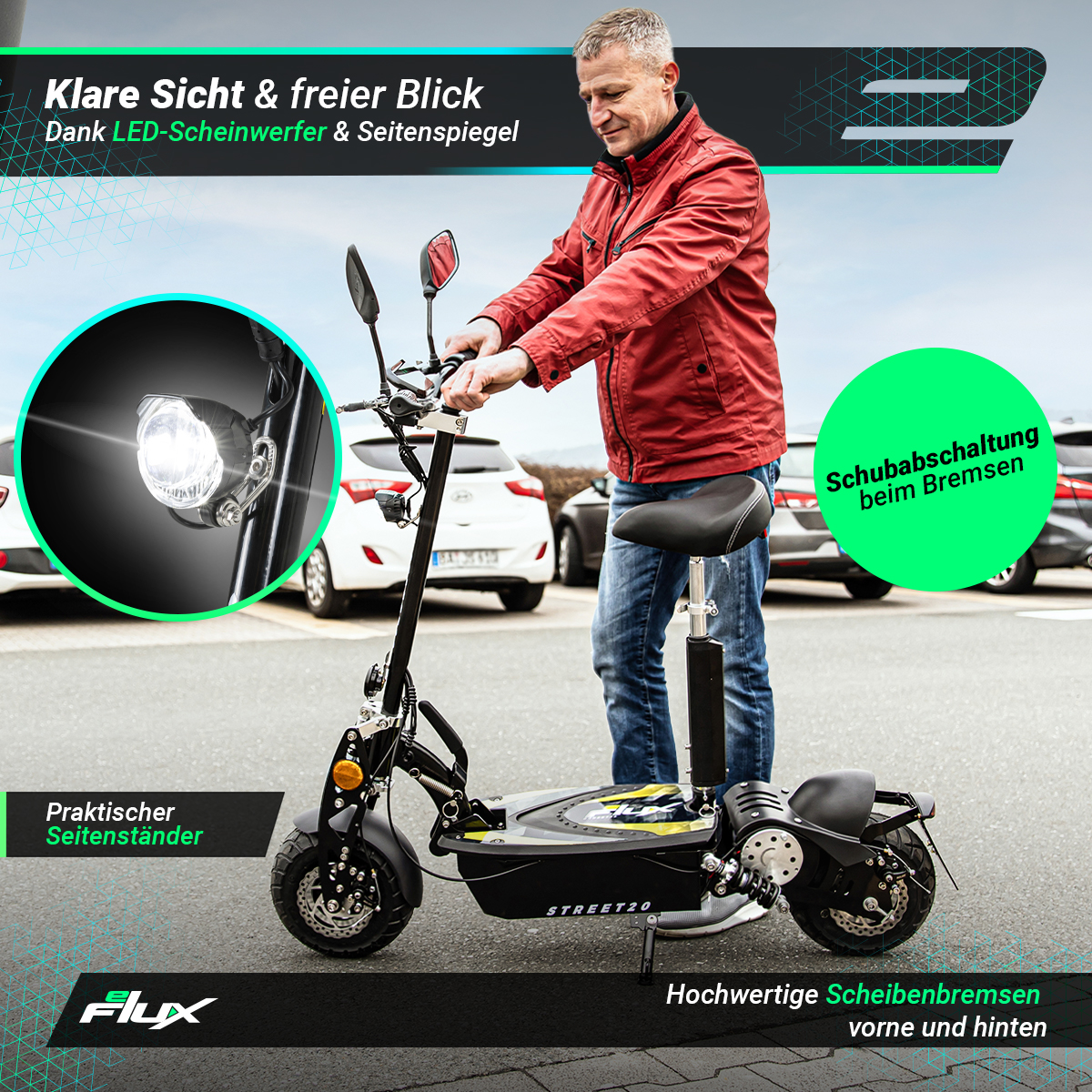 Ein Roller mit einer Person daneben, zeigt LED-Scheinwerfer und Seitenspiegel.
