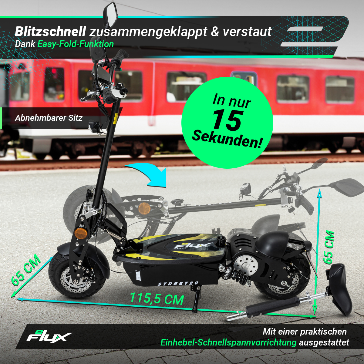 Schwarz-gelber Elektroroller mit Etiketten und Abmessungen. Es zeigt, wie man ihn zusammenklappt.