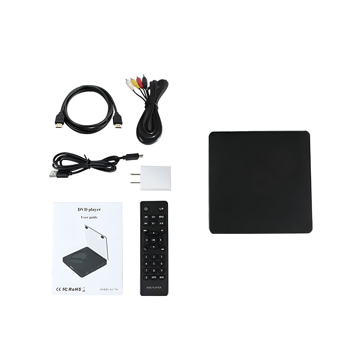 Ein DVD-Player mit Zubehör: HDMI-Kabel, USB-Kabel, Fernbedienung und Benutzerhandbuch.