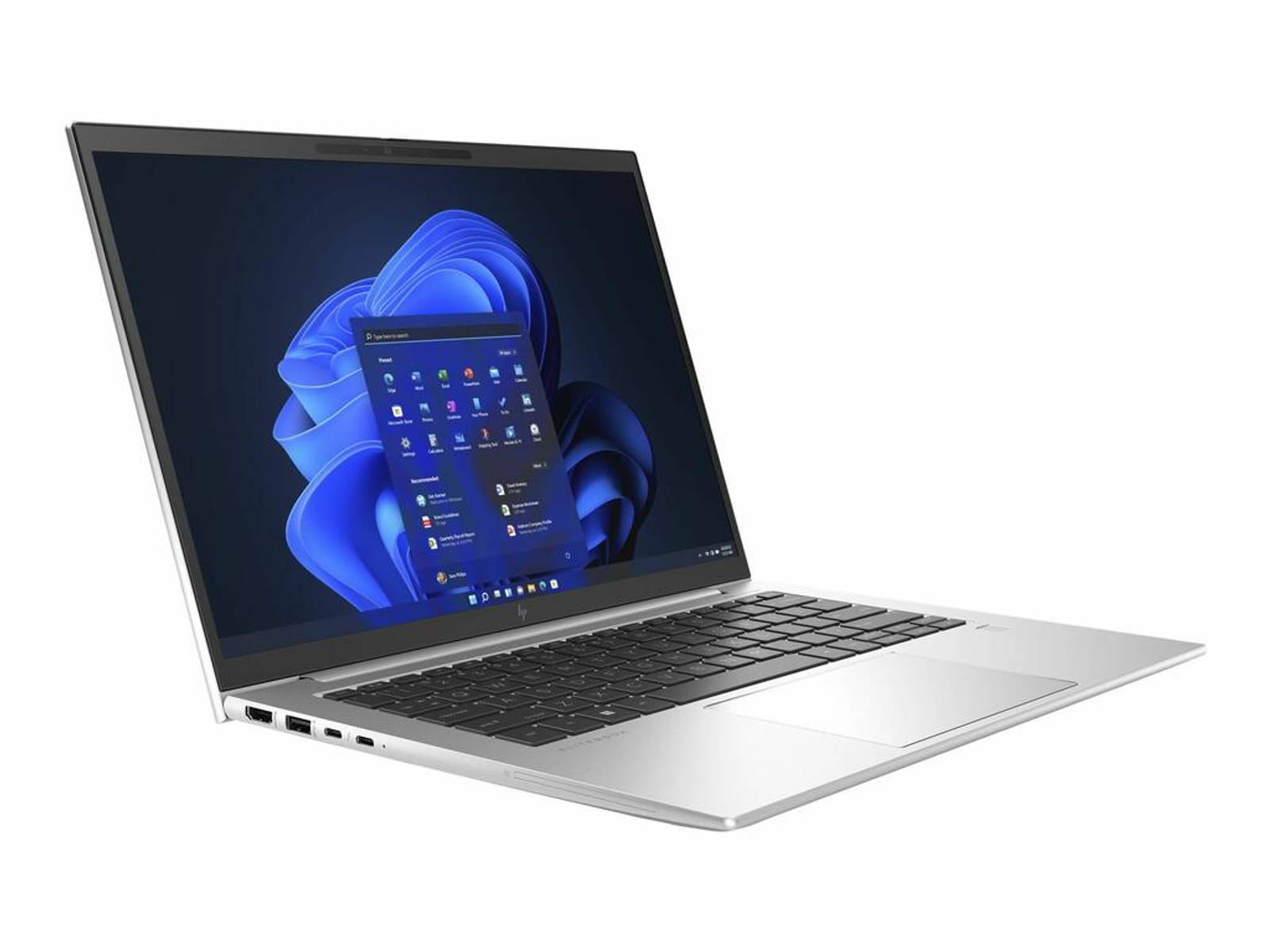 Ein silberner Laptop mit schwarzer Tastatur, geöffnet, zeigt ein Display mit Windows-Oberfläche.
