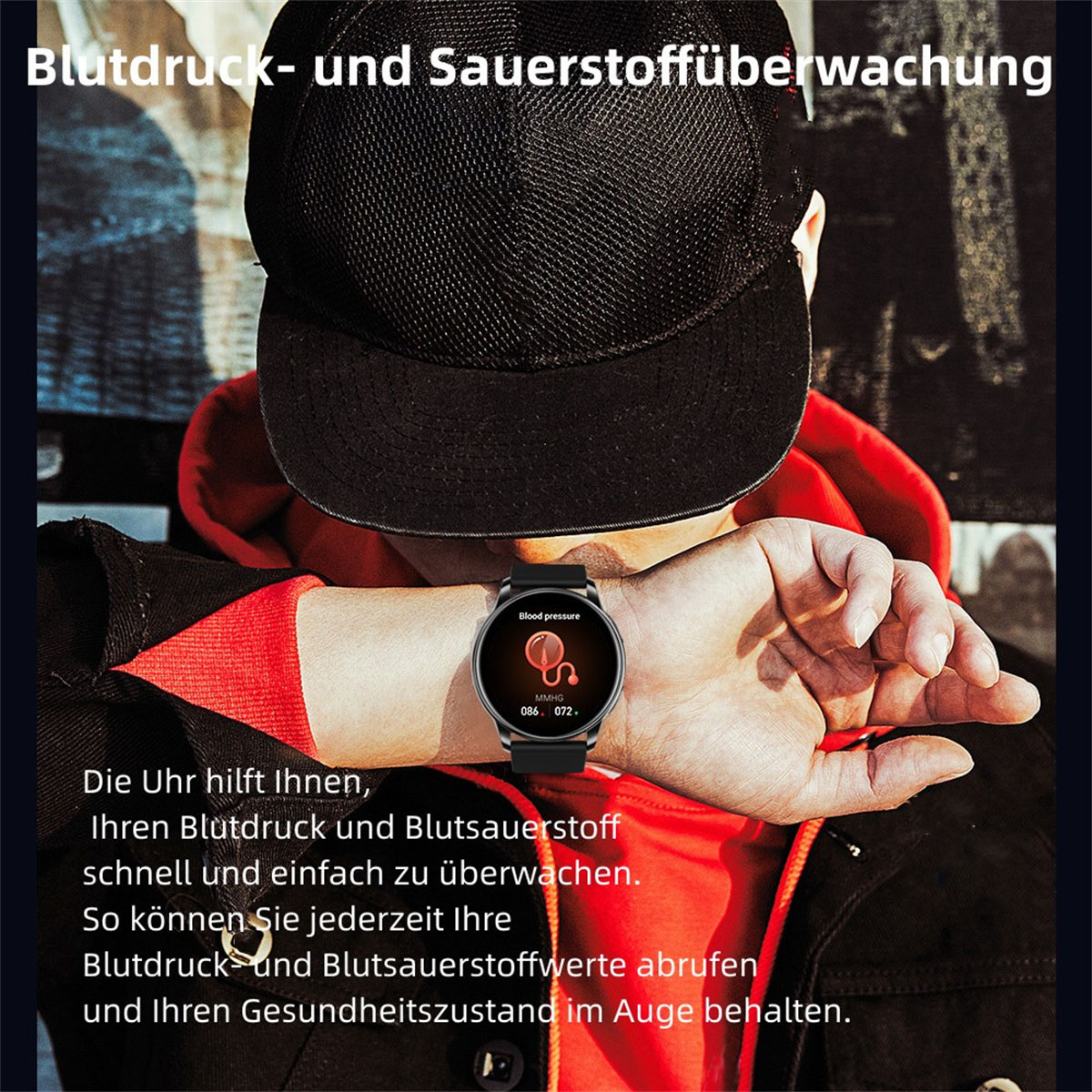 Ein Handgelenk mit Smartwatch, die Blutdruck und Sauerstoffwerte überwacht, trägt eine Kappe.