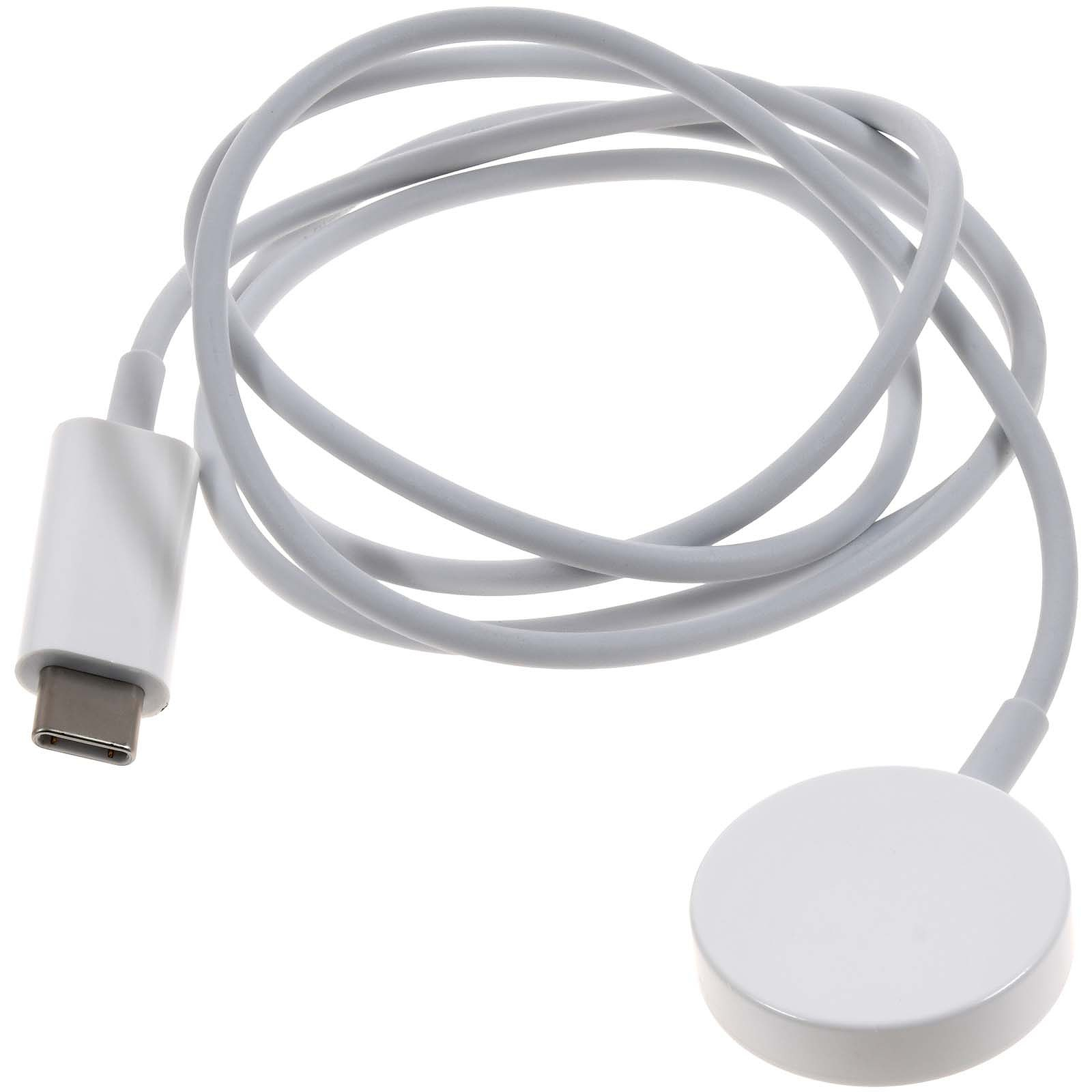 Câble de charge blanc avec connecteur USB-C et socle de charge circulaire, isolé sur fond blanc.