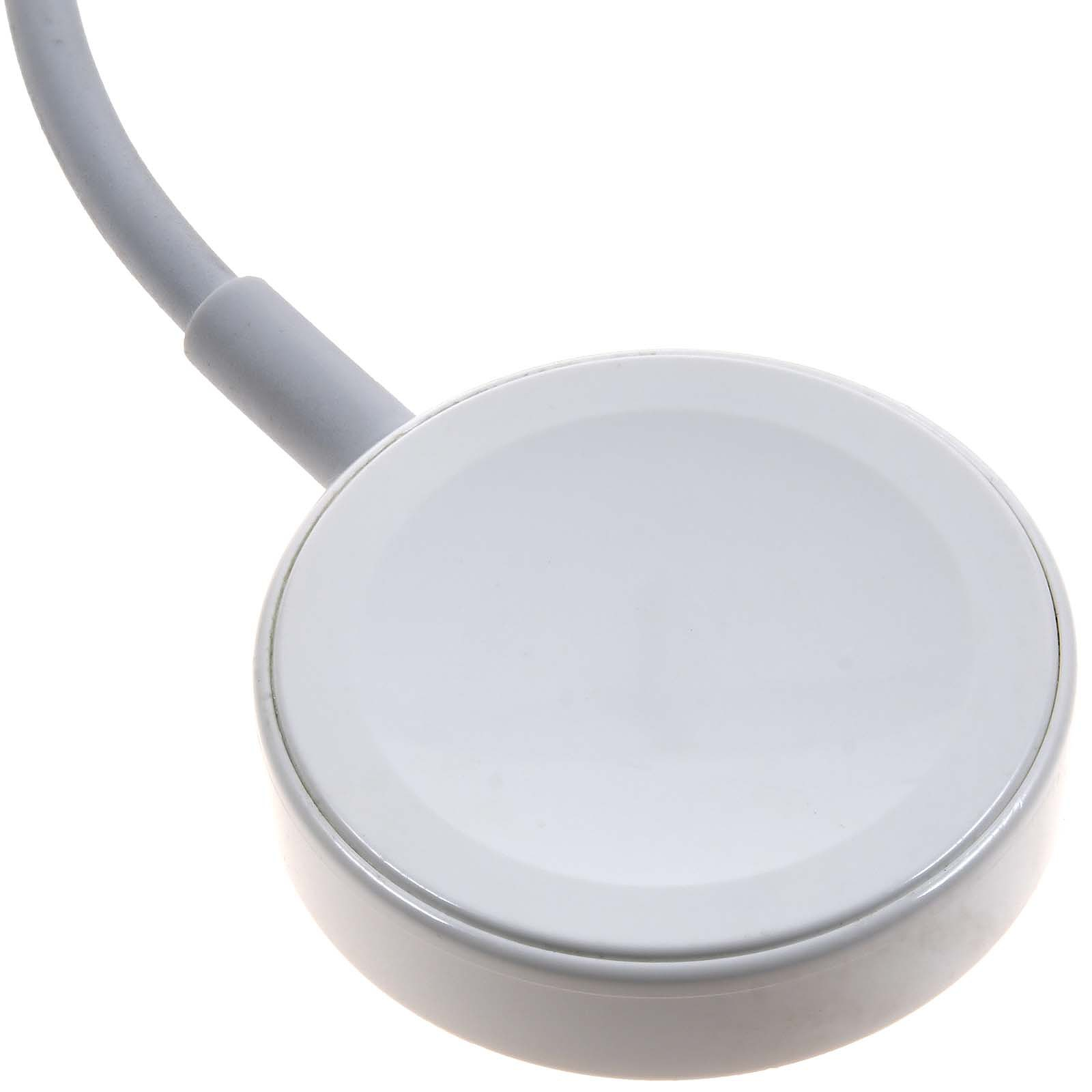 Chargeur sans fil blanc avec un câble gris incurvé attaché.