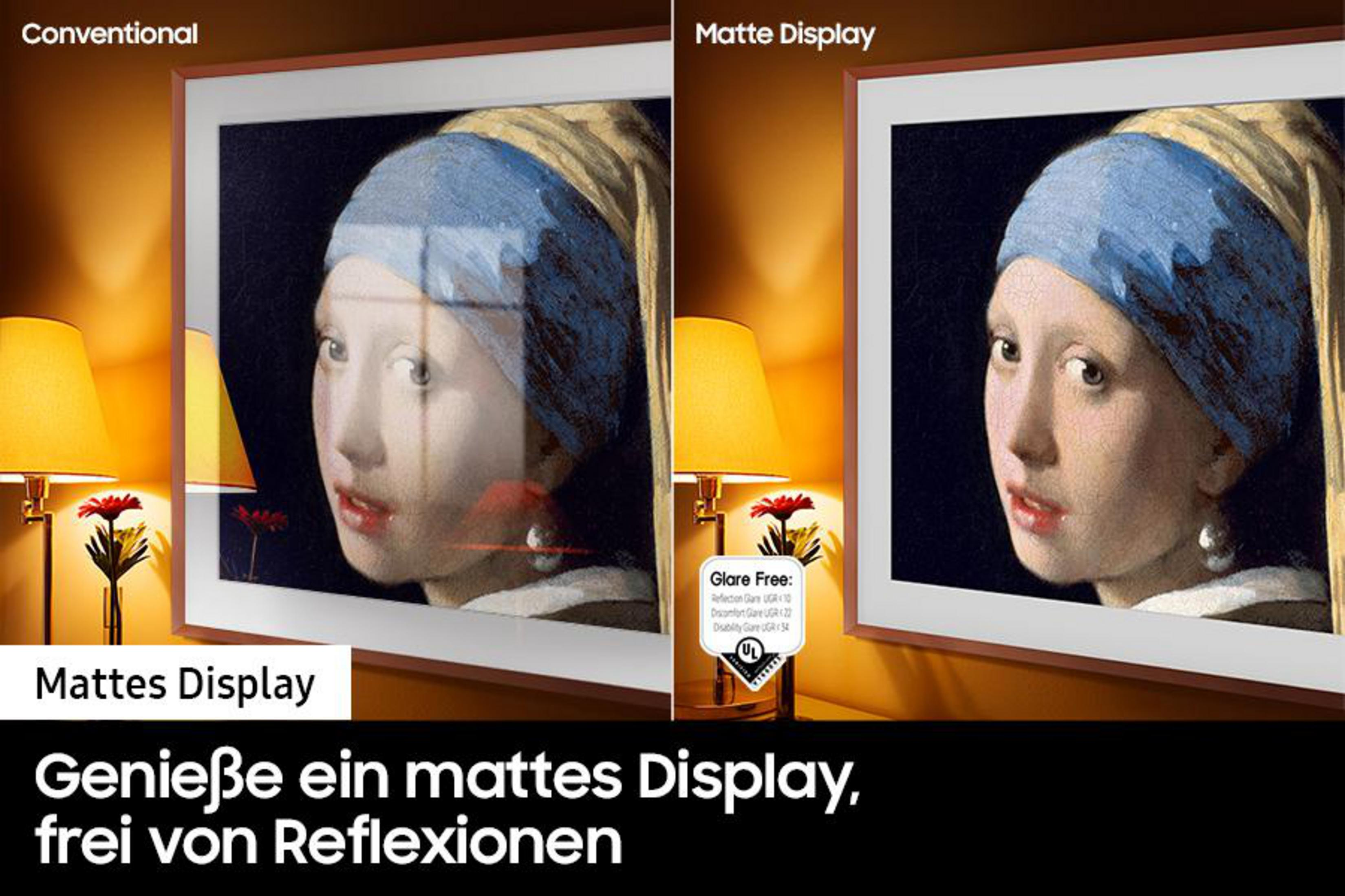 Obraz porównujący konwencjonalny i matowy wyświetlacz pokazujący różnicę.