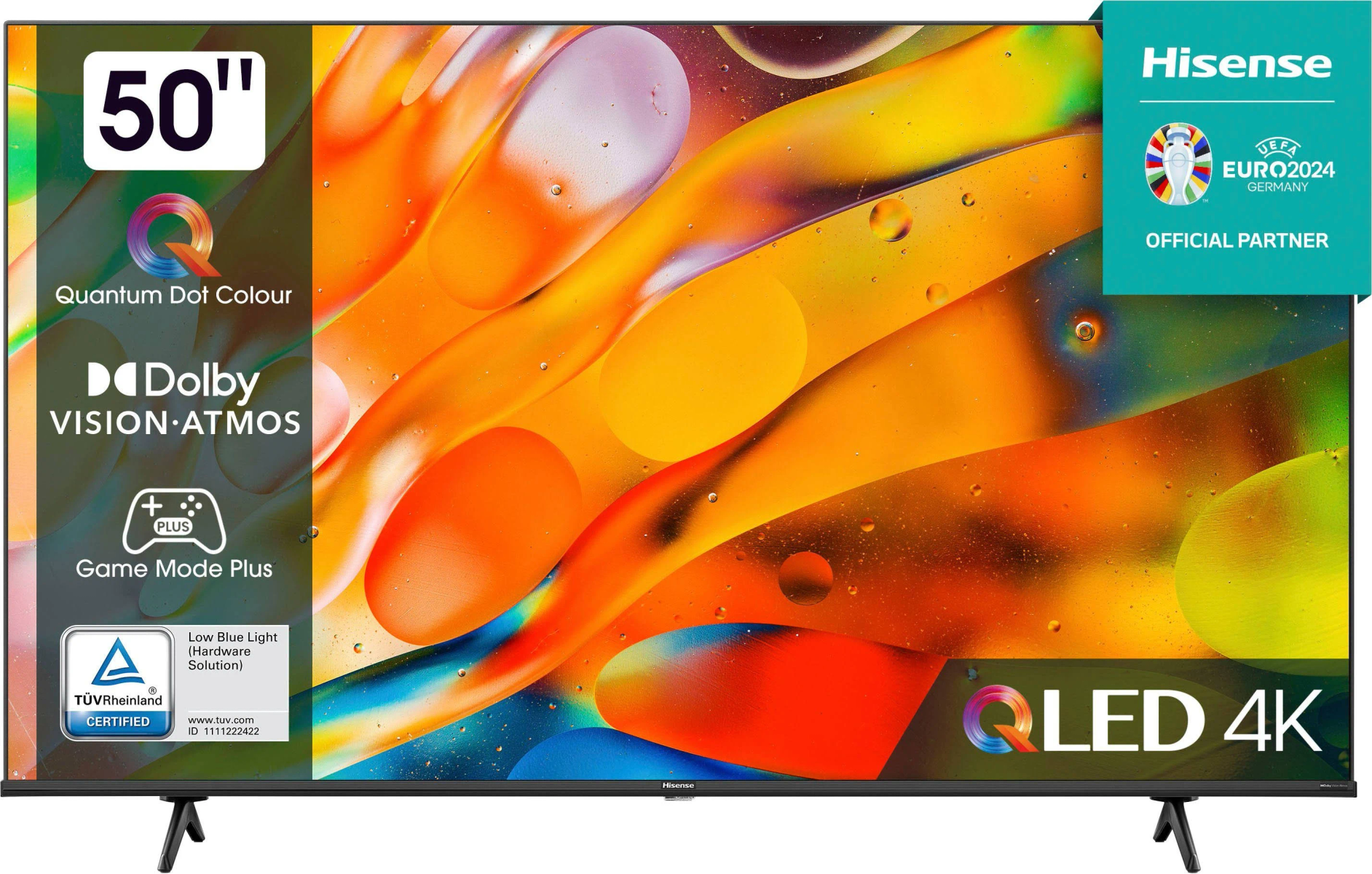 Uno schermo TV Hisense con sfondo astratto colorato e loghi.