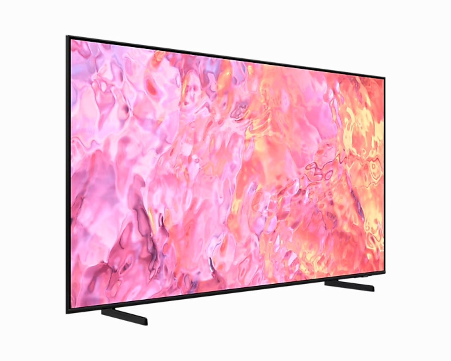 TV-Bildschirm mit abstraktem, rosa-orangenem Muster. Schwarzer Rahmen und Ständer.