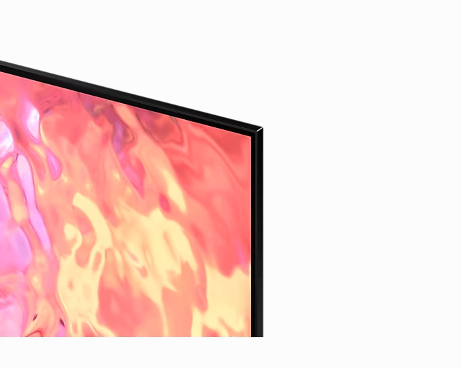 Nahaufnahme eines Fernsehers mit schwarzem Rahmen und pink/rotem Bildschirm, weißer Hintergrund.