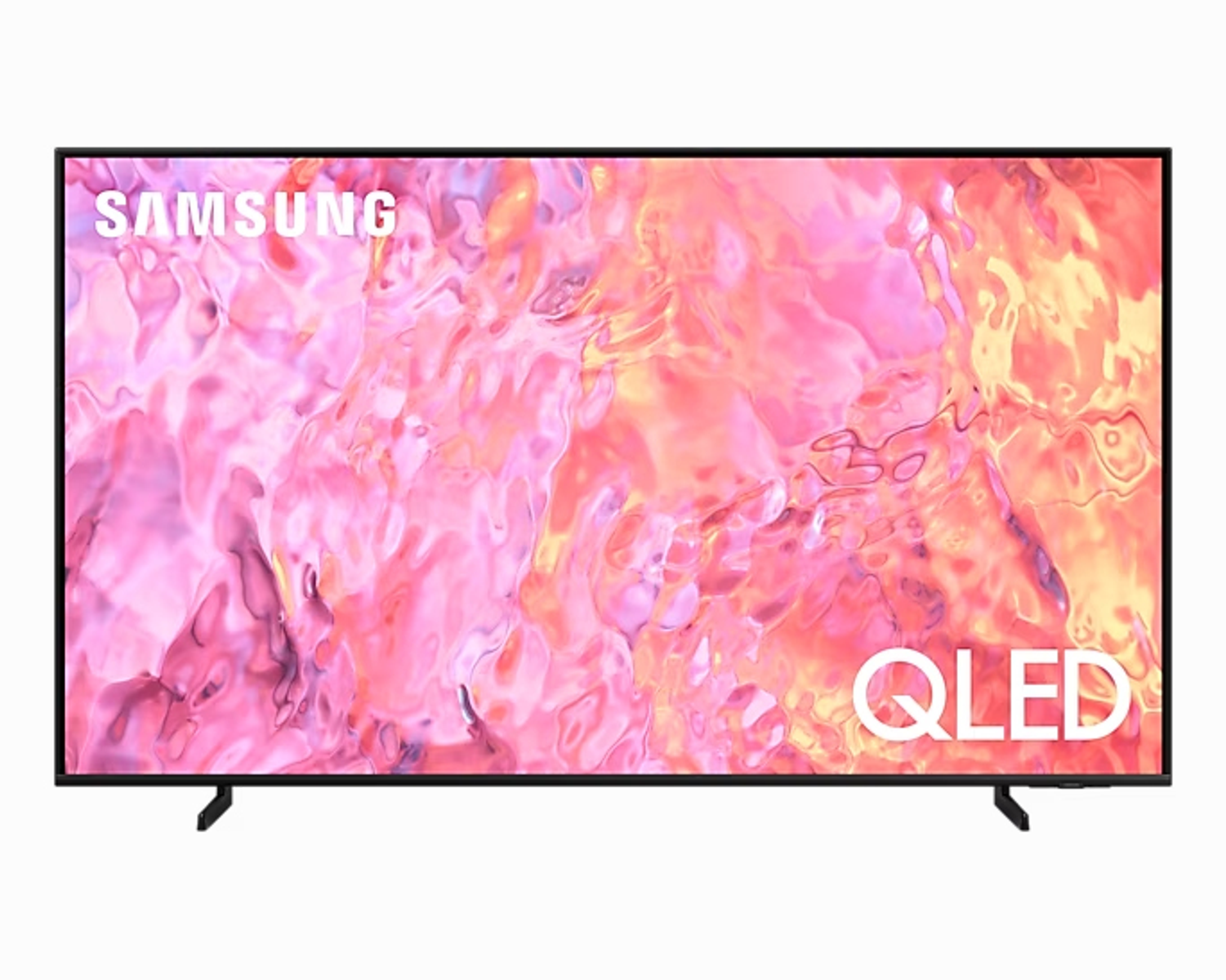 Samsung QLED-Fernseher mit rosafarbenem und weißem Wolkenmuster, QLED-Logo.