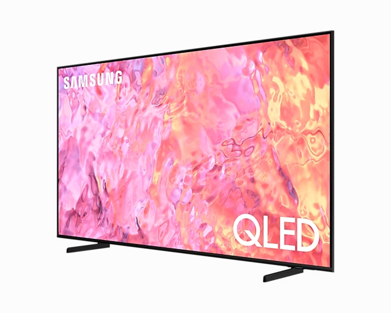Ein Samsung QLED-Fernseher auf weißem Hintergrund. Er hat einen rosa-gelben Bildschirm.