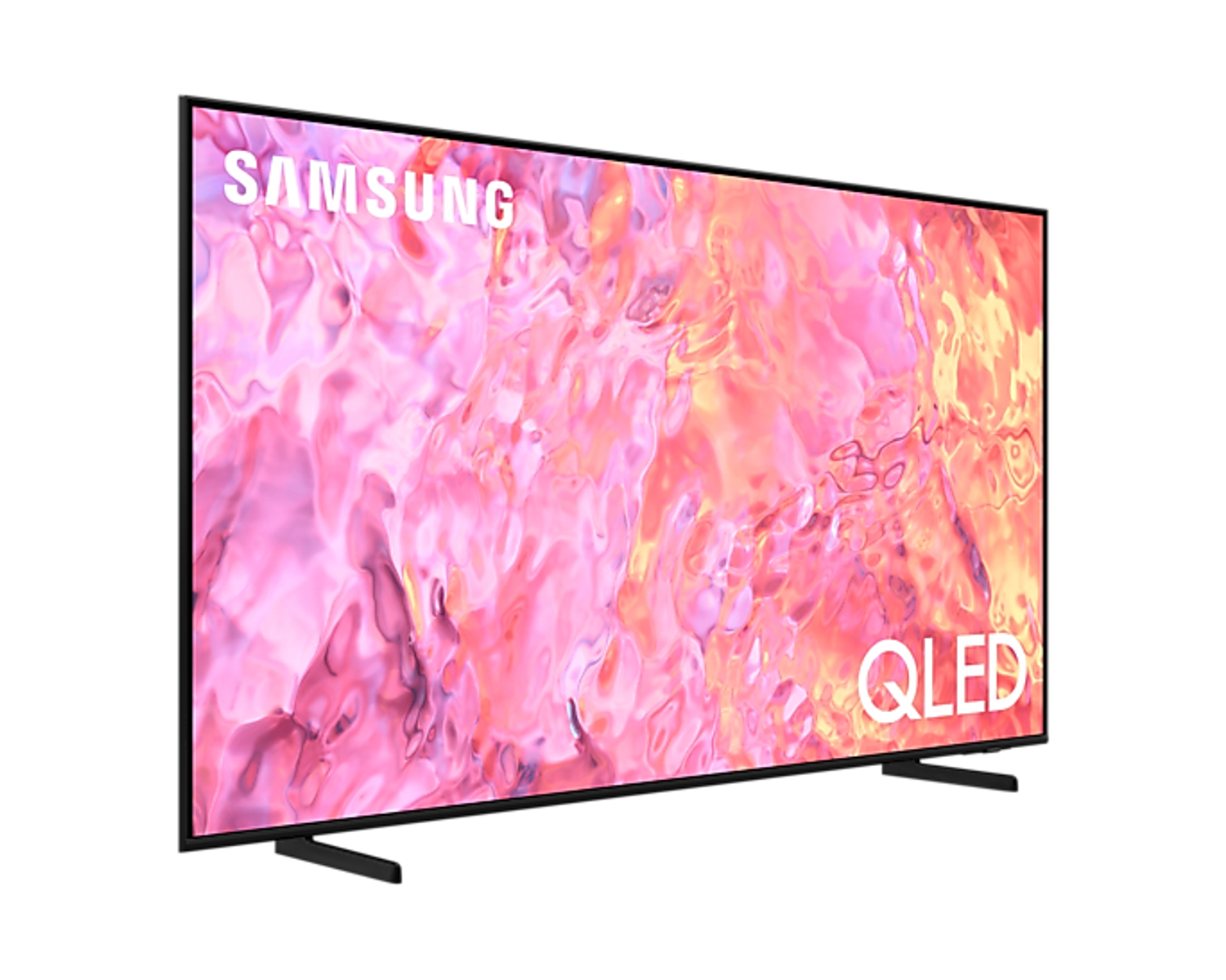 Samsung QLED-Fernseher, seitlich gedreht, mit rosa und weißen abstrakten Formen. Schwarzer Rahmen und Ständer.