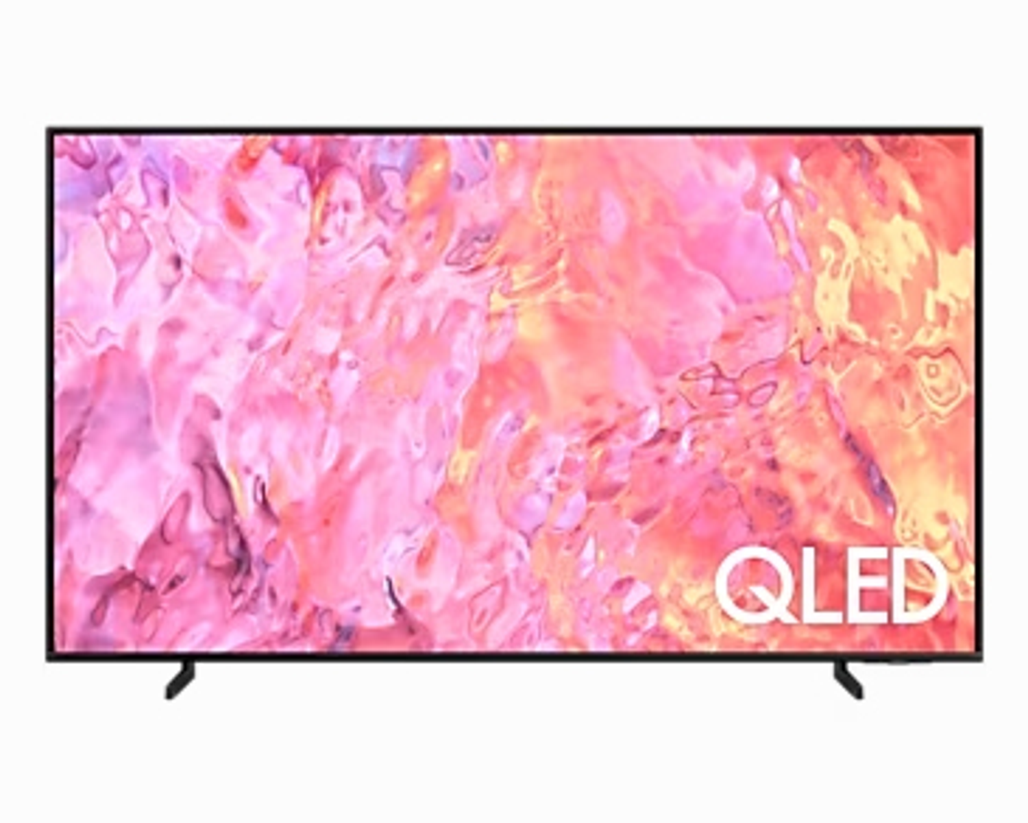 Großer QLED-Fernseher mit abstraktem rosa-roten Bild, schwarzem Rahmen und zwei kleinen Beinen.