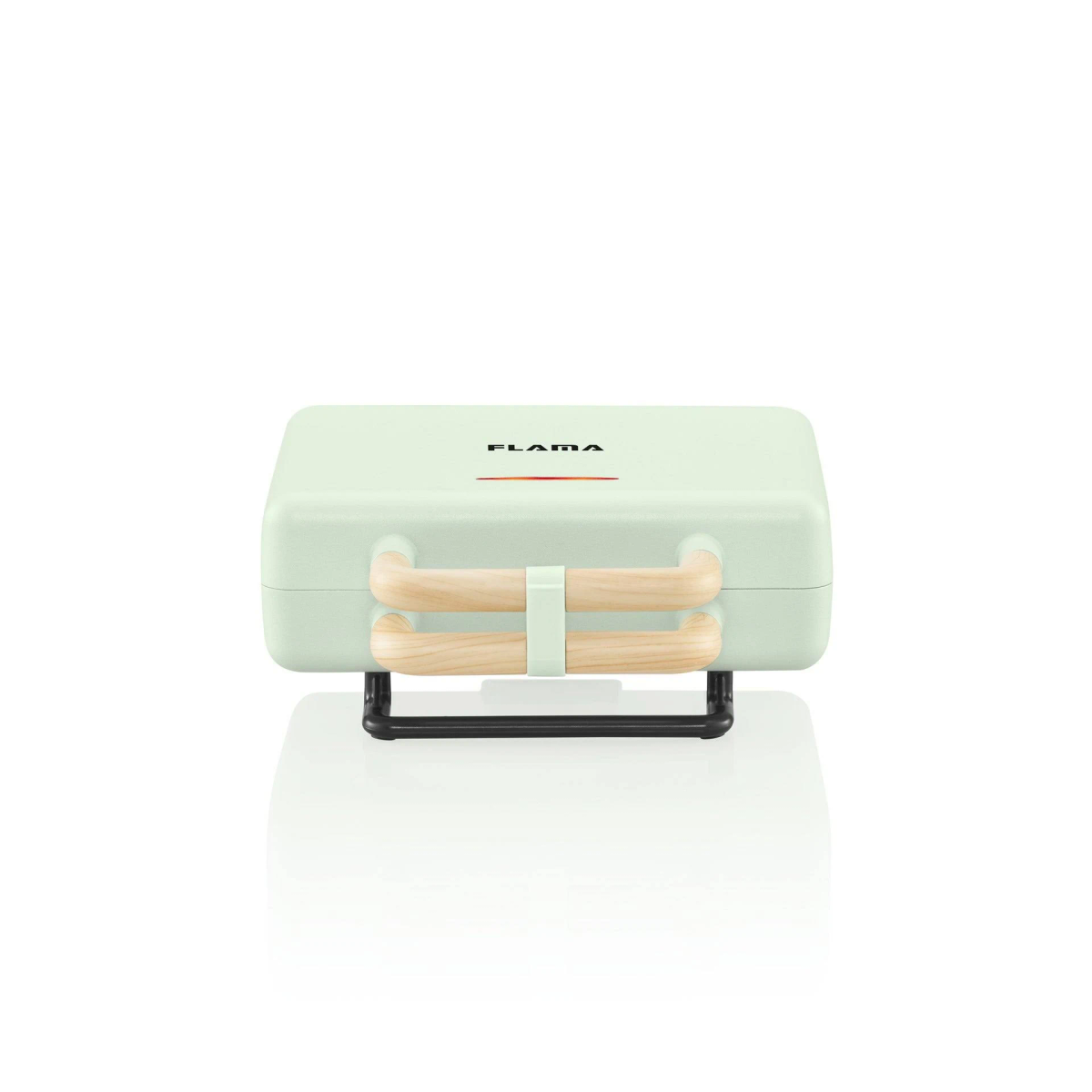 Máquina de gofres verde y beige con asas de madera, sobre un soporte negro.