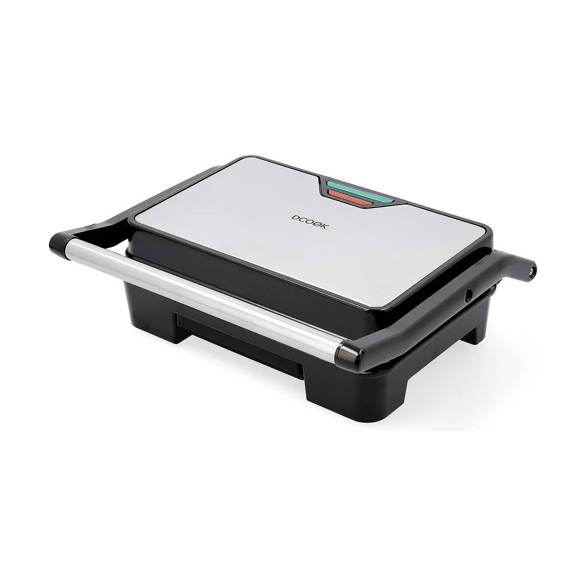 Piastra per panini nera e argento con manico nero. C'è scritto DCOOK.