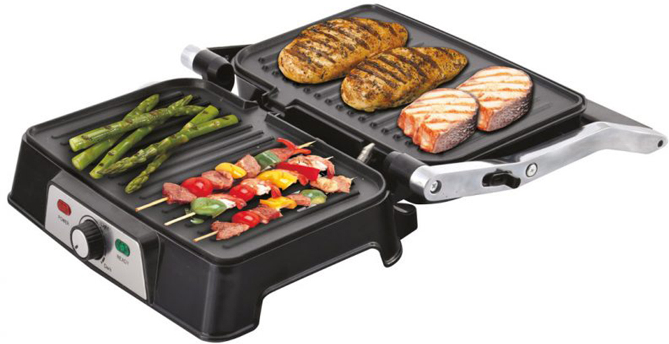 Una parrilla con comida cocinada, incluyendo bistec, pollo, verduras y brochetas.
