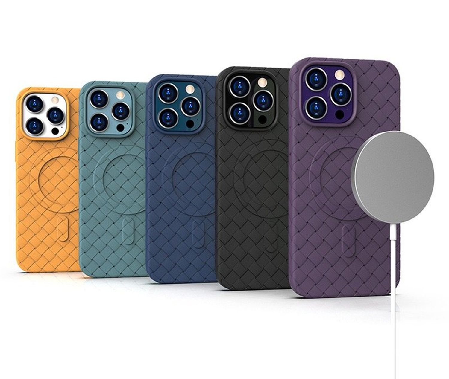 Fünf iPhone-Hüllen in verschiedenen Farben mit magnetischem Ladepad.