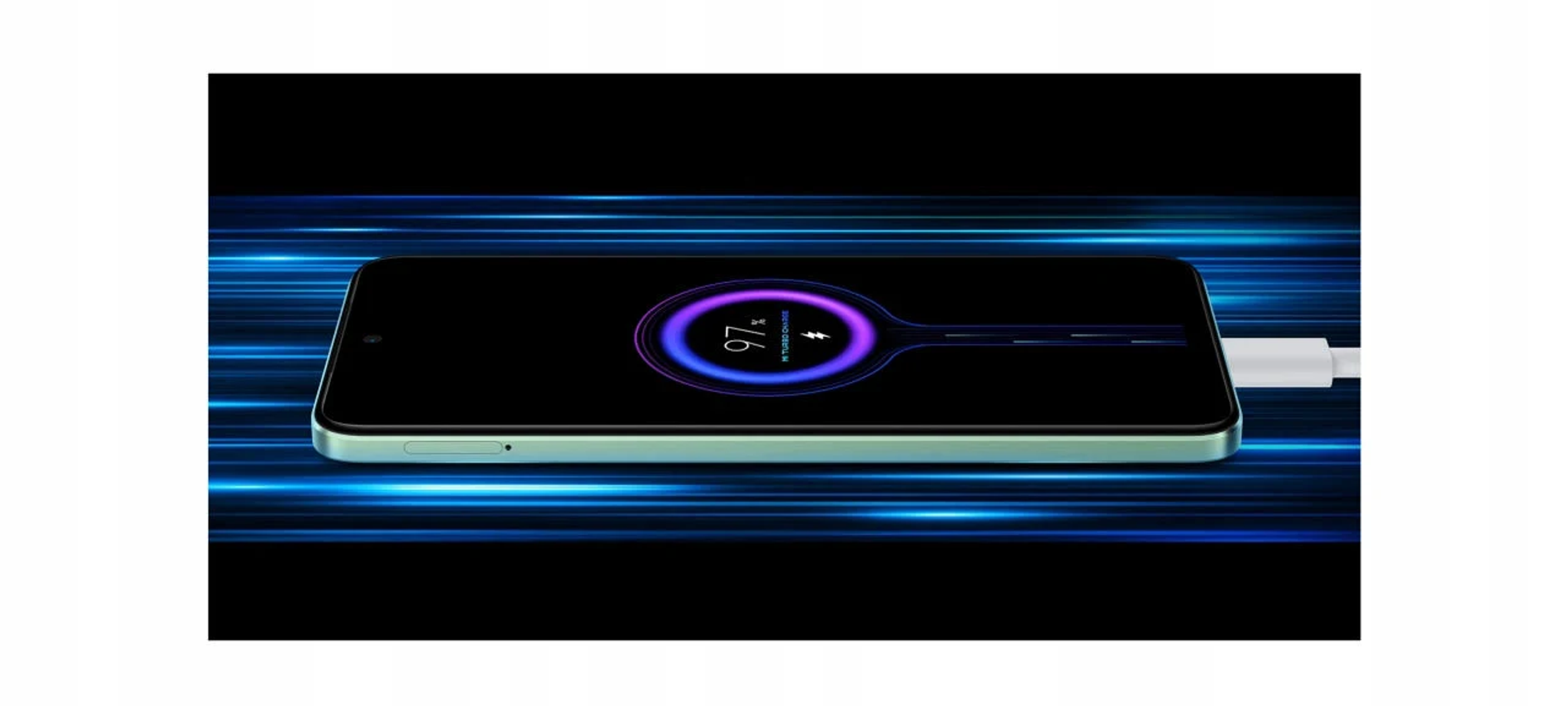 Telefon w trakcie ładowania, pokazujący 97% naładowania, z niebieskimi liniami w tle.