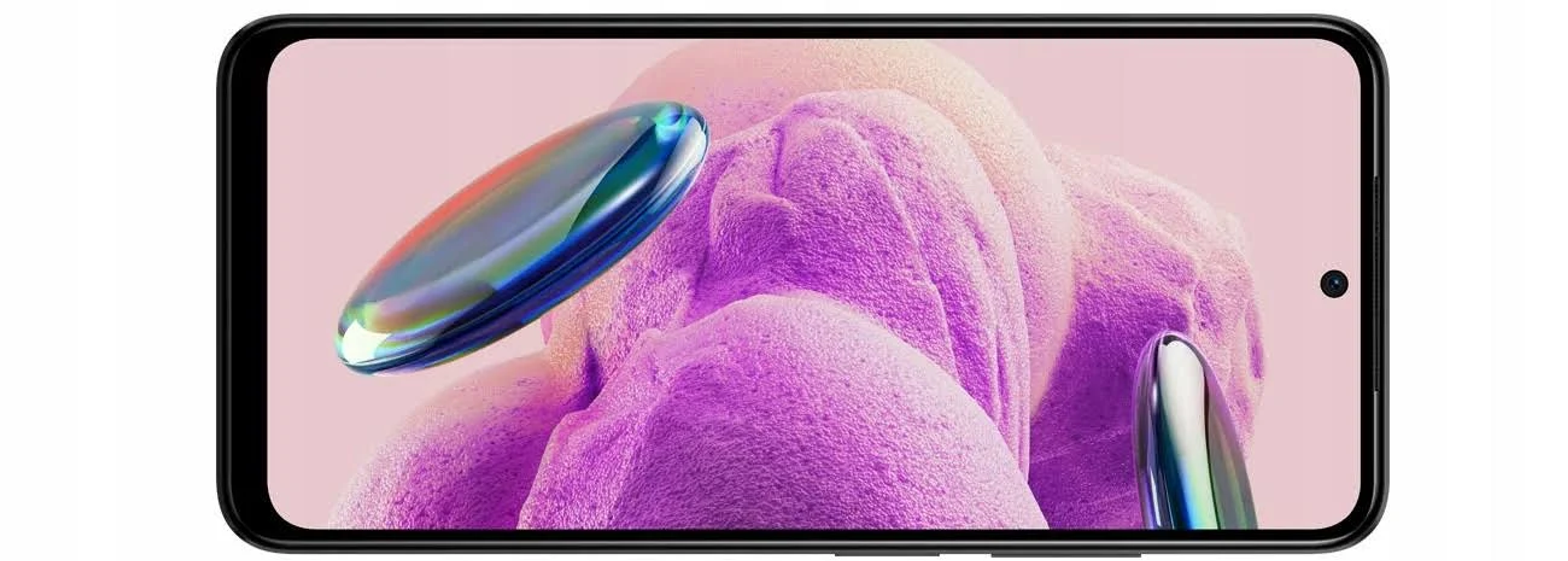 Ekran smartfona z abstrakcyjnym fioletowo-niebieskim wzorem, z czarną ramką.