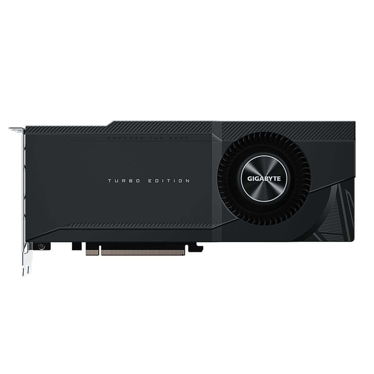 Schwarze Grafikkarte mit Gigabyte-Logo und den Worten 'Turbo Edition'.