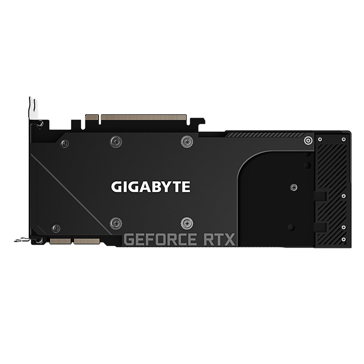 Schwarze und silberne Gigabyte GeForce RTX Grafikkarte.