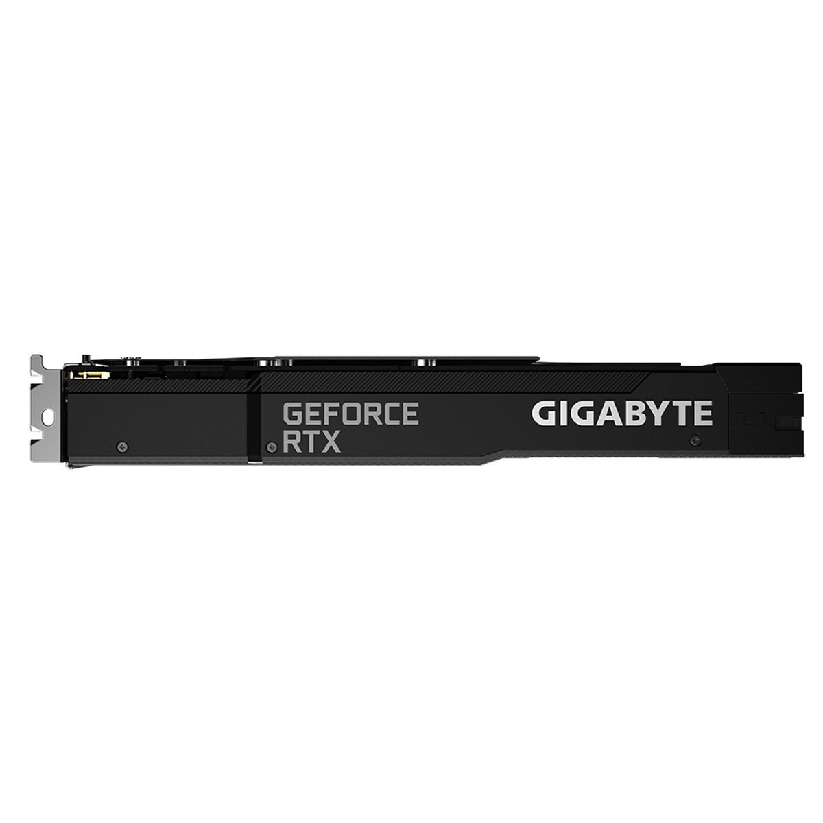 Eine schwarze Gigabyte GeForce RTX Grafikkarte auf weißem Hintergrund, mit dem GIGABYTE-Logo.